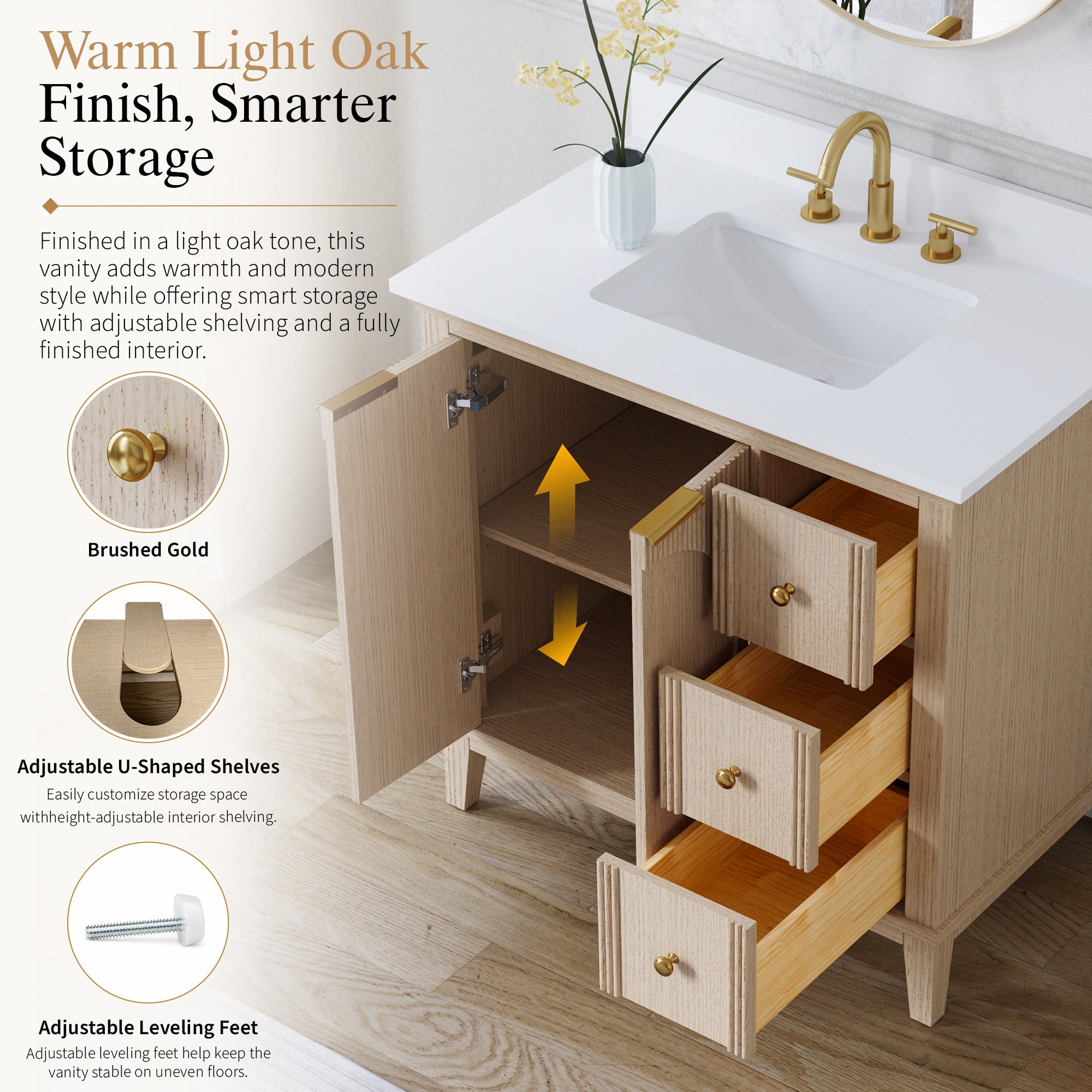 36 Inch Modern Light Oak Solid Wood Bathroom Vanity with White Quartz Countertop & Soft-Close Drawers