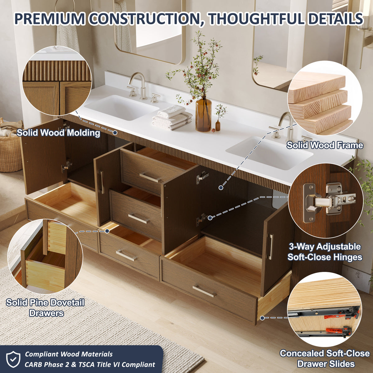 80 Inch Freestanding Solid Wood Bathroom Vanity with Pure White Quartz Countertop, 4 Soft-Close Doors & 5 Dovetail Drawers, Walnut