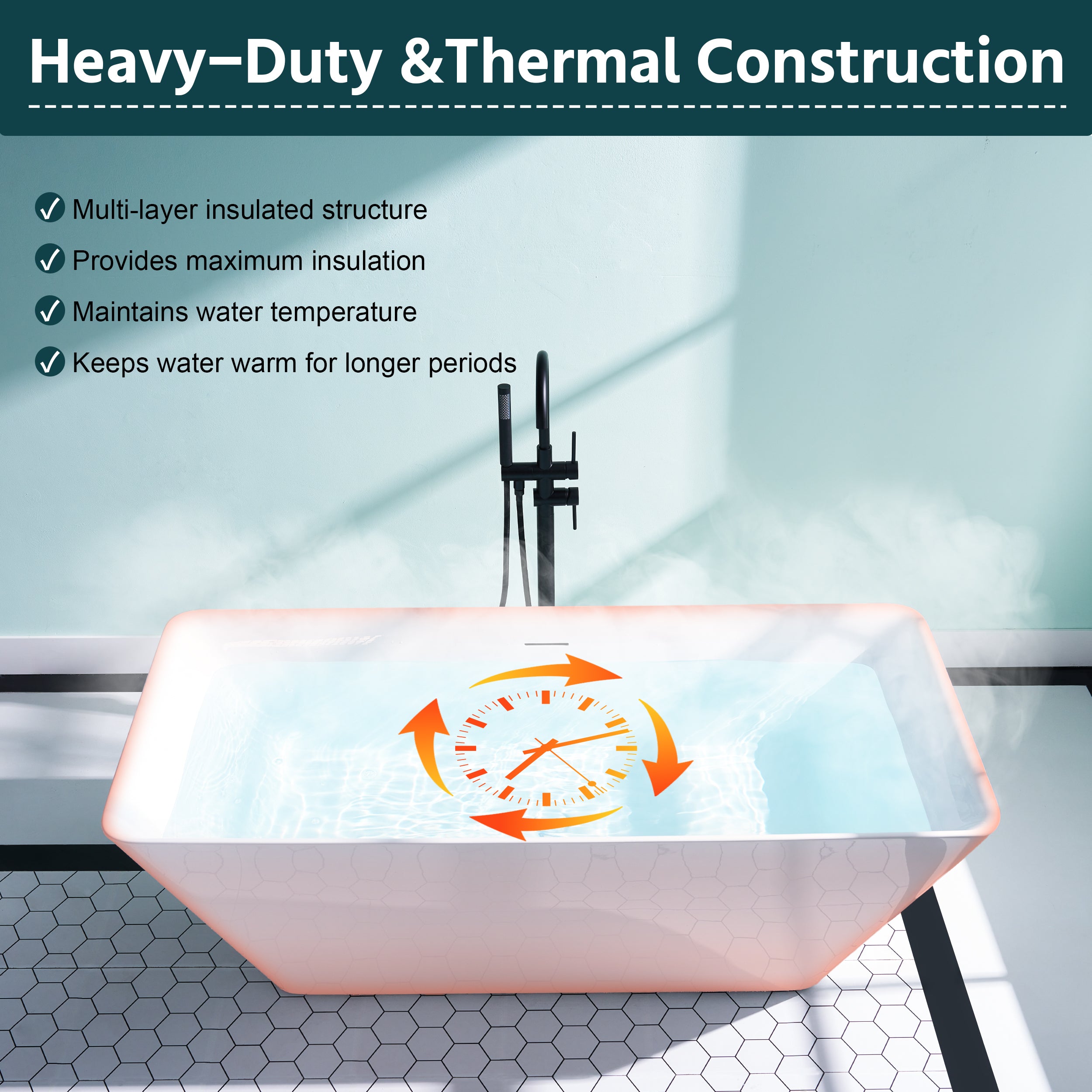 66" Freestanding Glossy White Acrylic Bathtub with Overflow and Drain Rectangle Tub