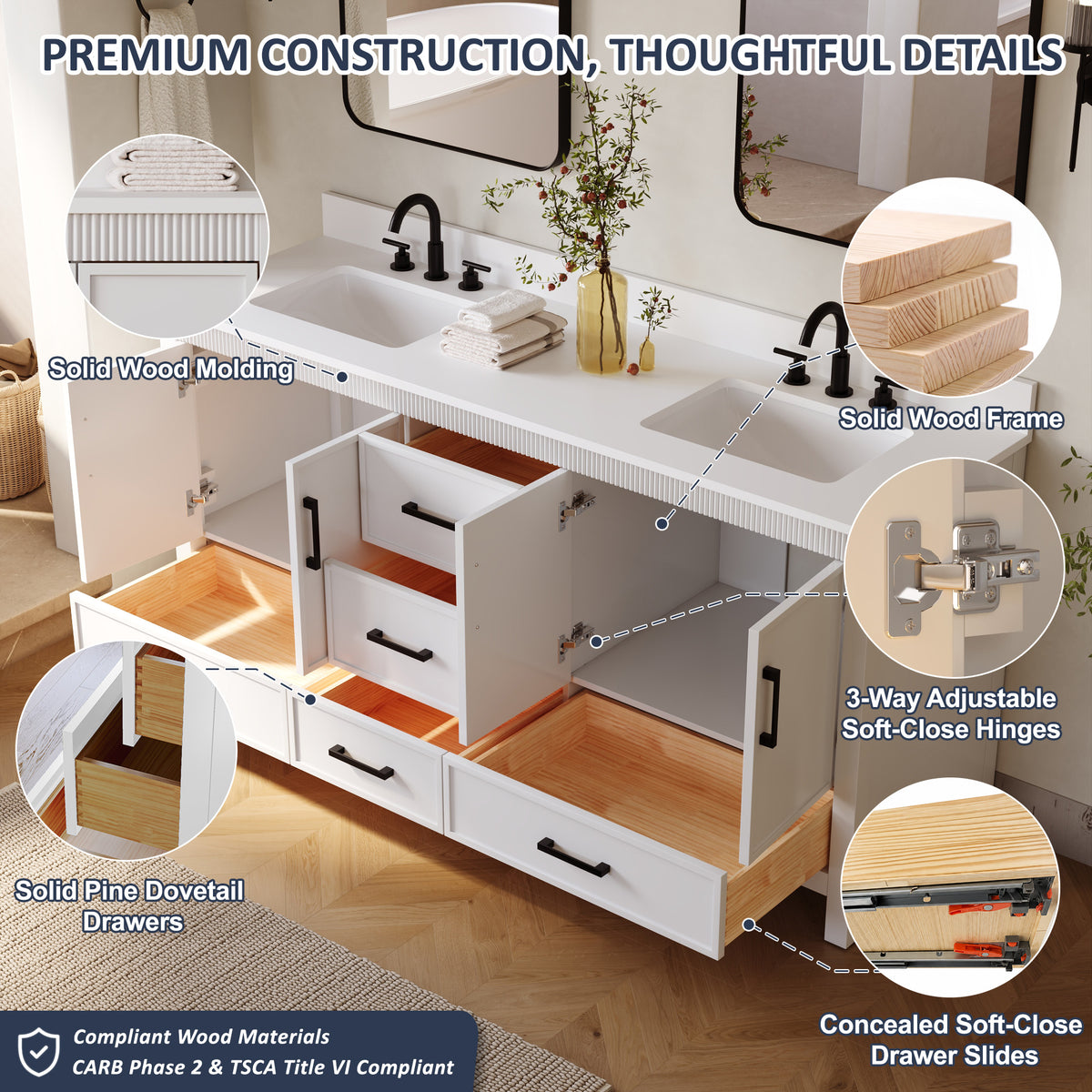72 Inch Freestanding Solid Wood Bathroom Vanity with Pure White Quartz Countertop, 4 Soft-Close Doors & 5 Dovetail Drawers, White