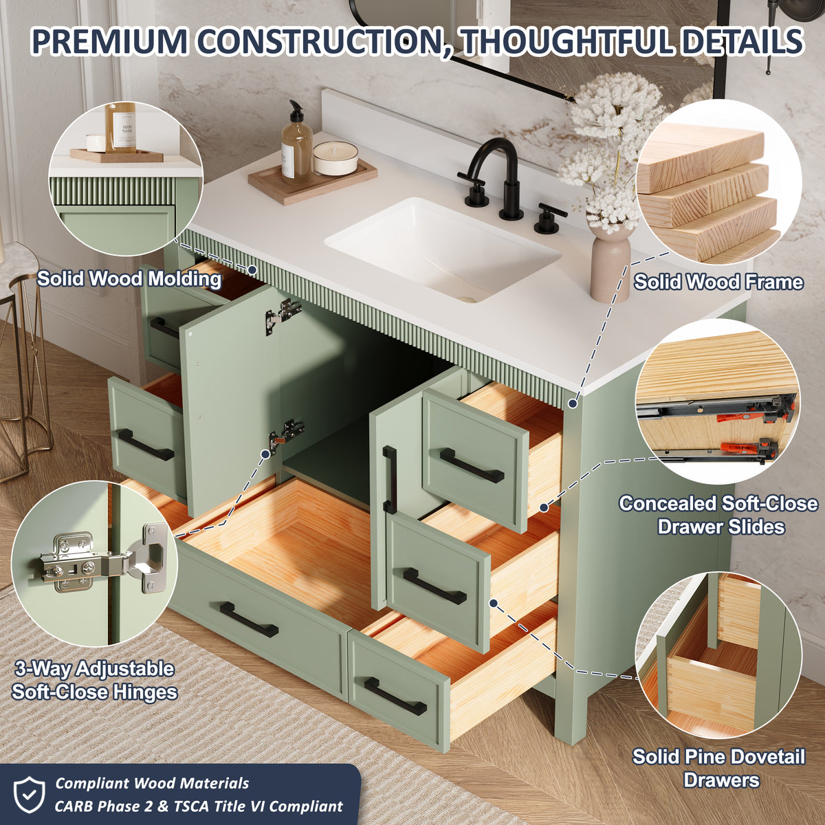 48 Inch Freestanding Solid Wood Bathroom Vanity with Fluted Molding, Pure White Quartz Countertop, SAGE GREEN