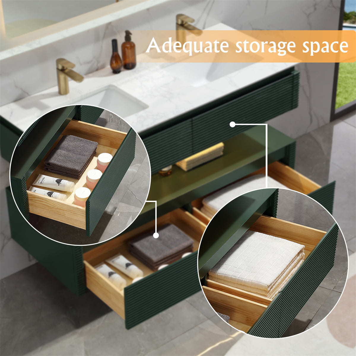 48" Floating Bathroom Vanity Set in Green with LED Light and White Engineered Marble Top with Double Basins