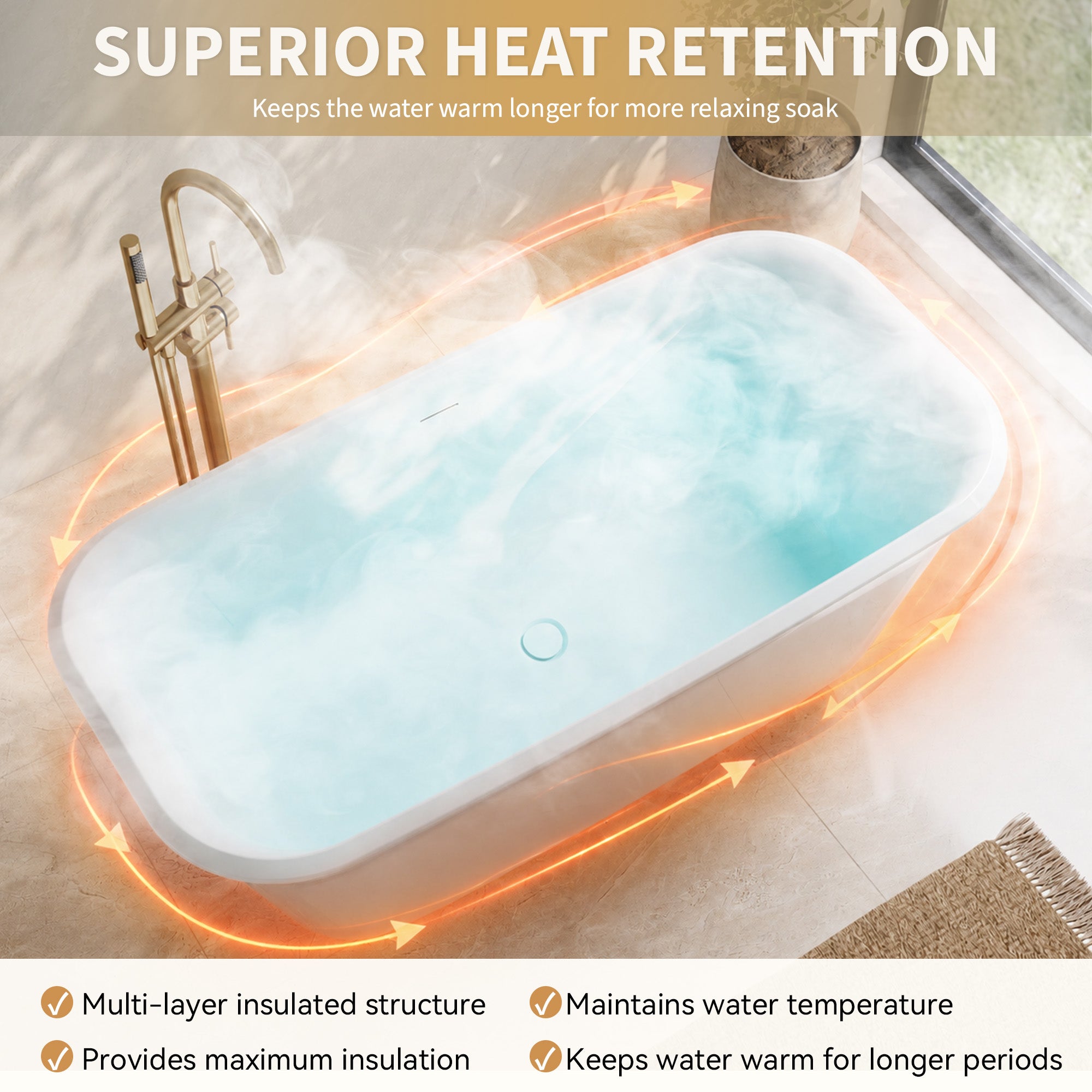 59" Modern Freestanding Acrylic Soaking Bathtub – 64 Gallon Deep Soaker Tub with Integrated Overflow