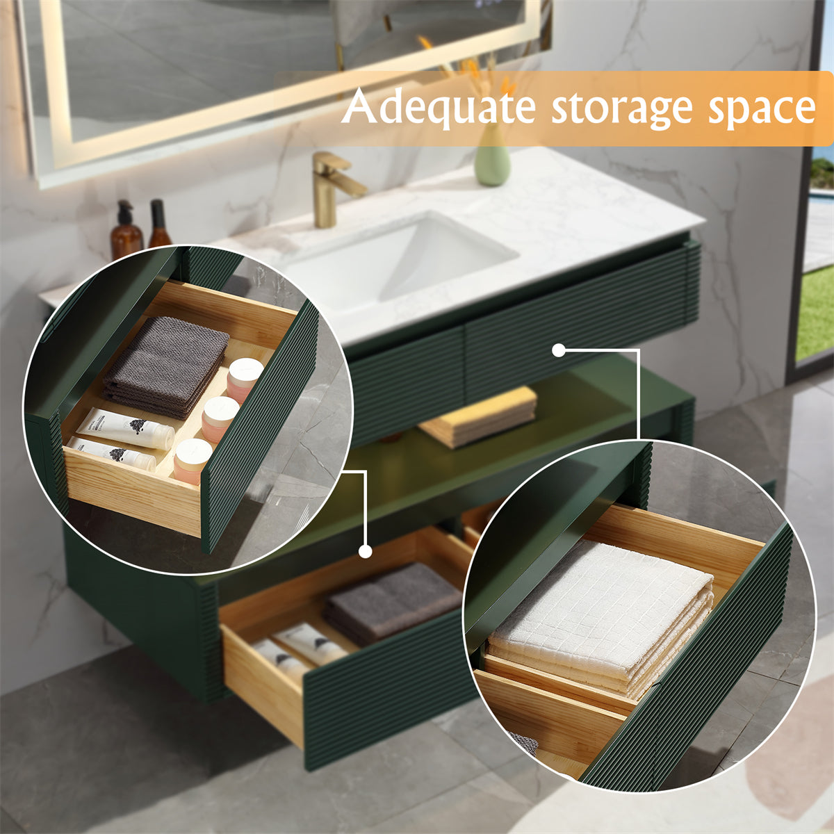 48" Floating Bathroom Vanity Set in Green with Lights and White Marble Countertop