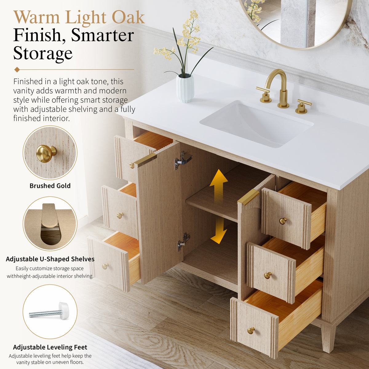 48 Inch Modern Light Oak Solid Wood Bathroom Vanity with White Quartz Countertop & Soft-Close Drawers