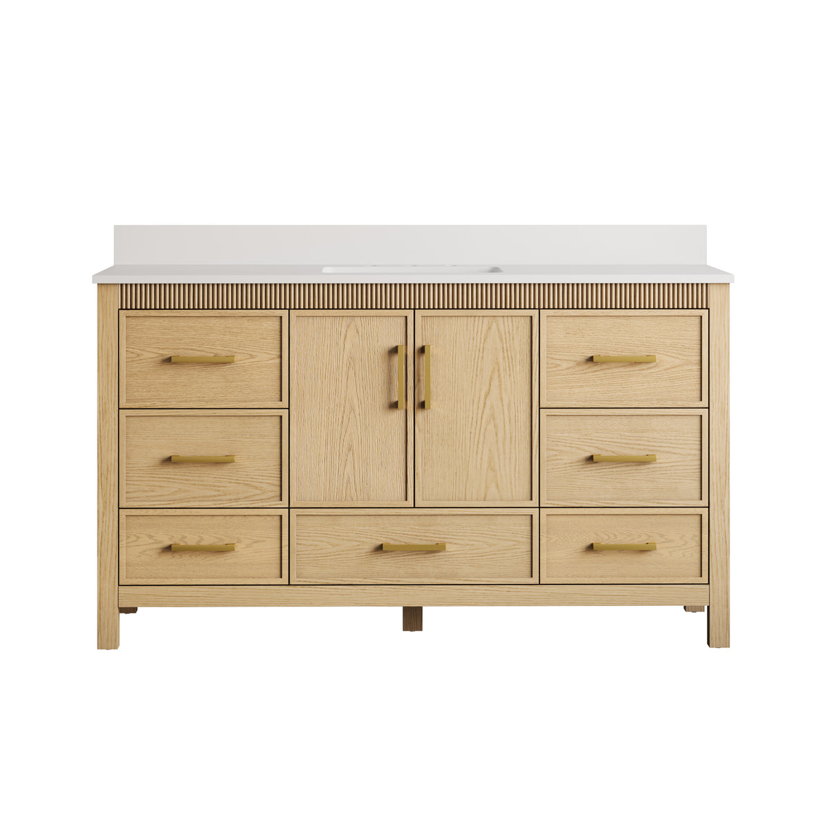 60 Inch Freestanding Solid Wood Bathroom Vanity with Pure White Quartz Countertop, 2 Soft-Close Doors & 7 Dovetail Drawers, OAK