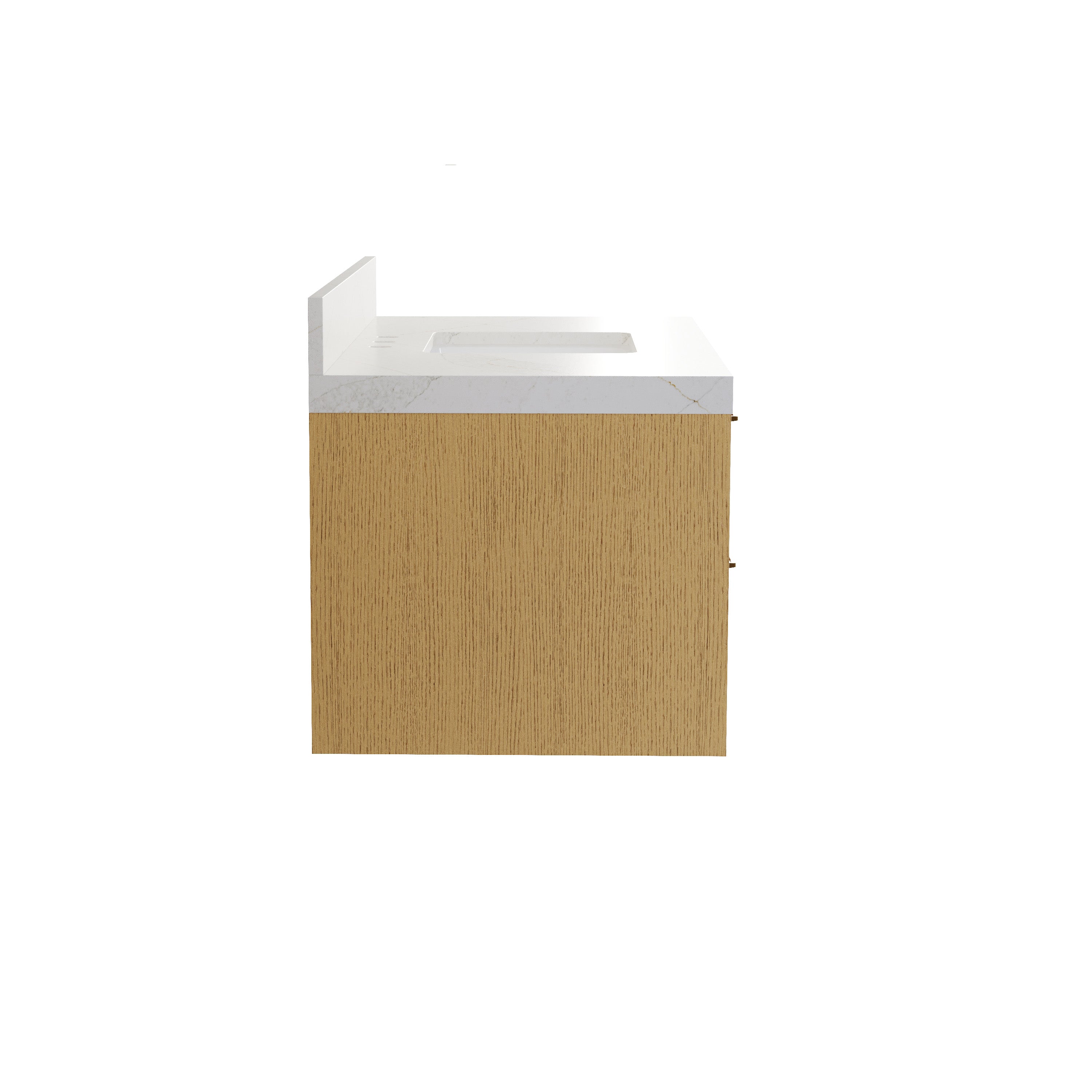 48-Inch Solid Oak Floating Bathroom Vanity with Calacatta Quartz Countertop, 4 Soft-Close Fluted Drawers