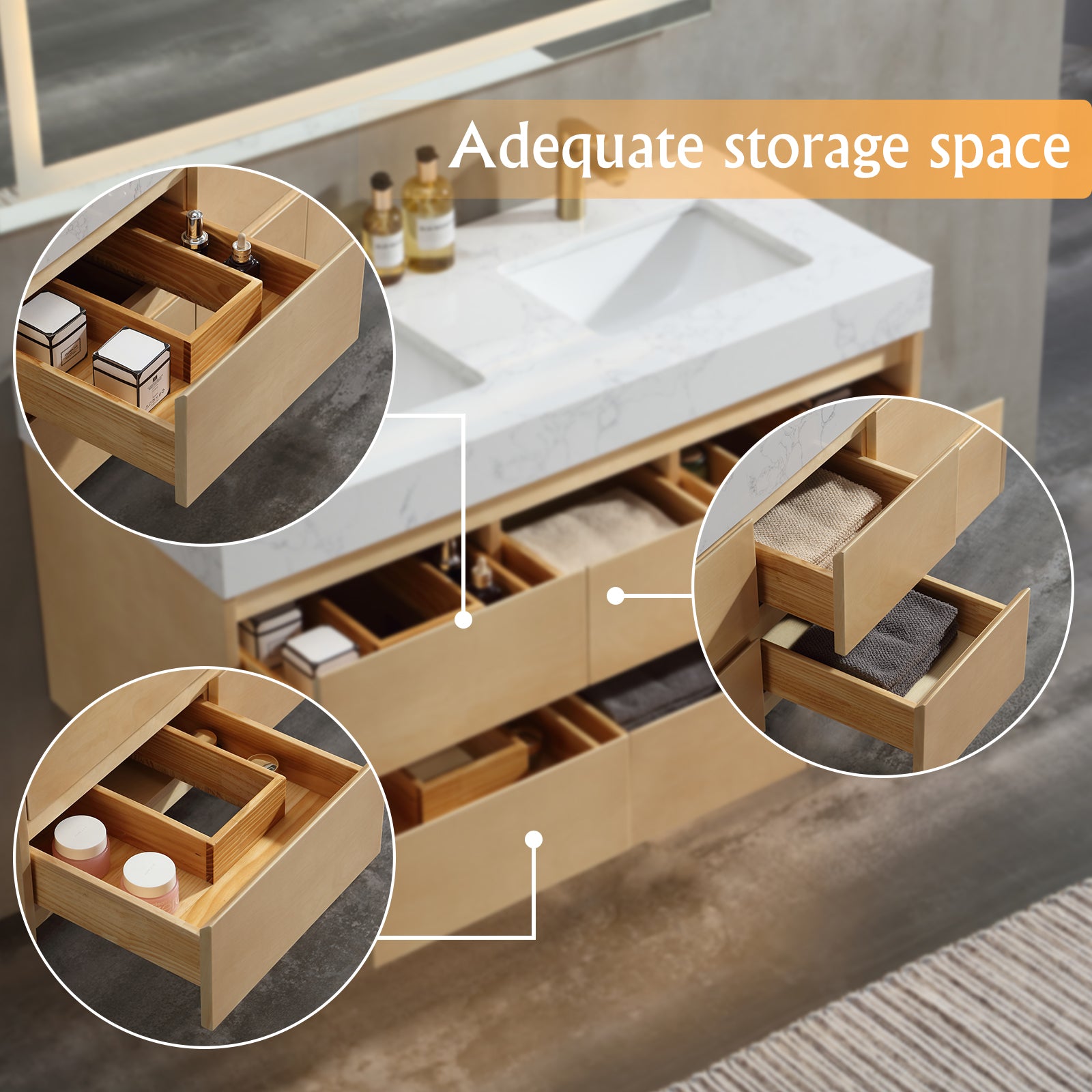 48" Modern Floating Maple Wood Bathroom Vanity Cabinet with LED Light and Double Basin
