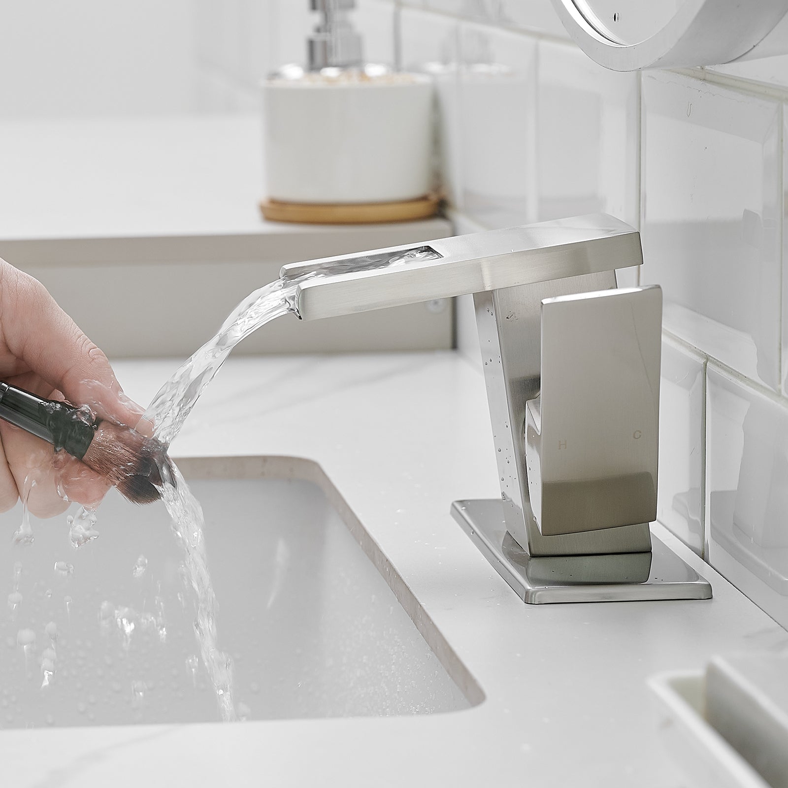 Single Handle LED Waterfall Bathroom Sink Faucet with Deck Plate, Temperature-Sensitive 3-Color Light