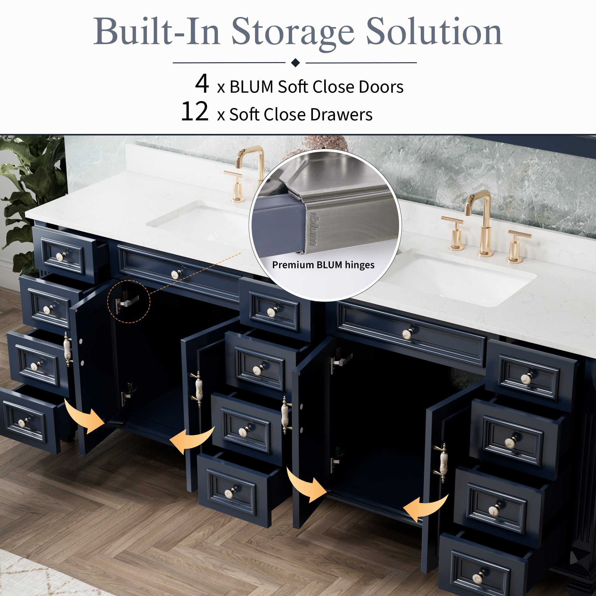 84 in. Freestanding Solid Wood Bathroom Vanity with Carrara White Quartz Countertop, Navy Blue