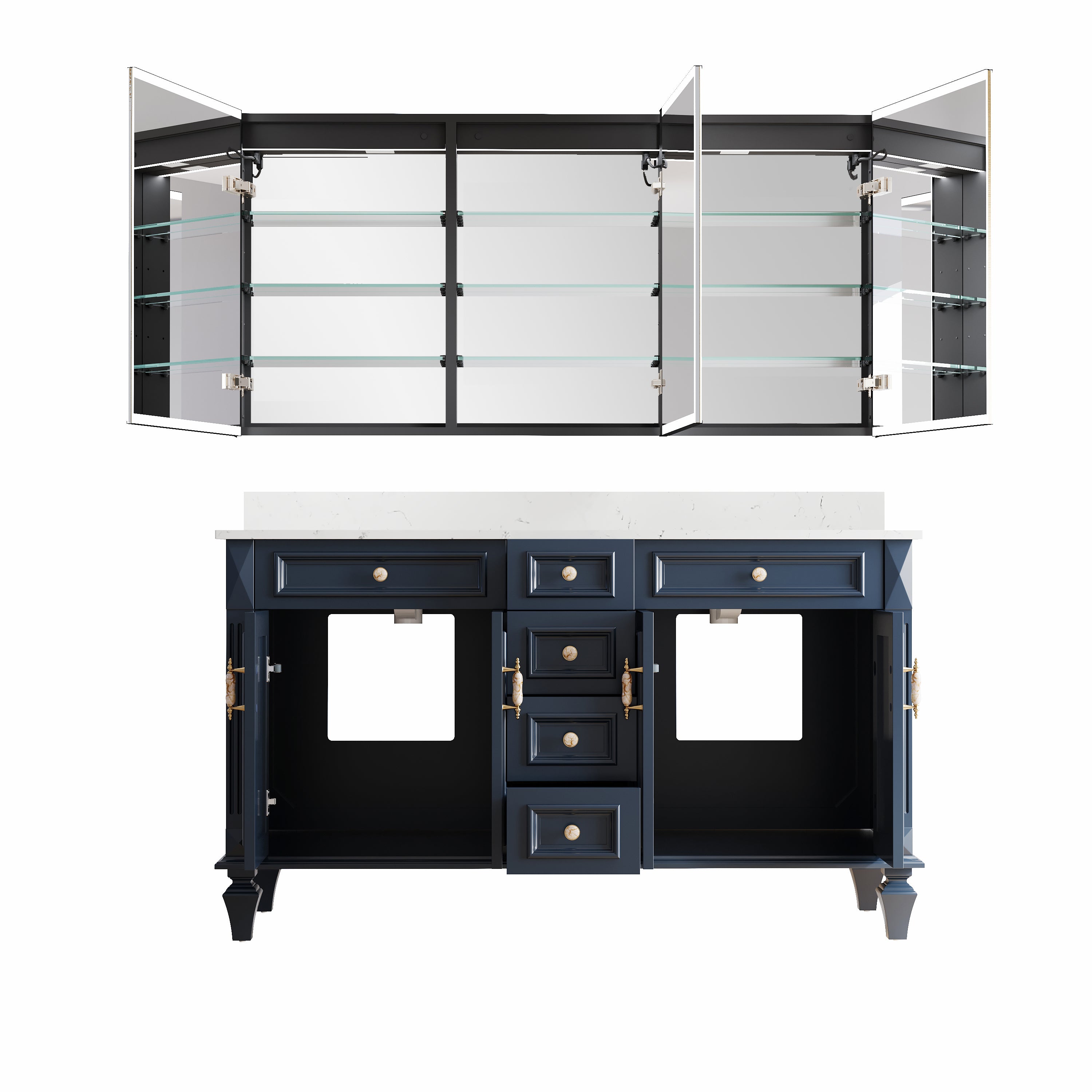 60" Navy Blue Solid Wood Bathroom Vanity & 60" LED Mirror Medicine Cabinet Combo