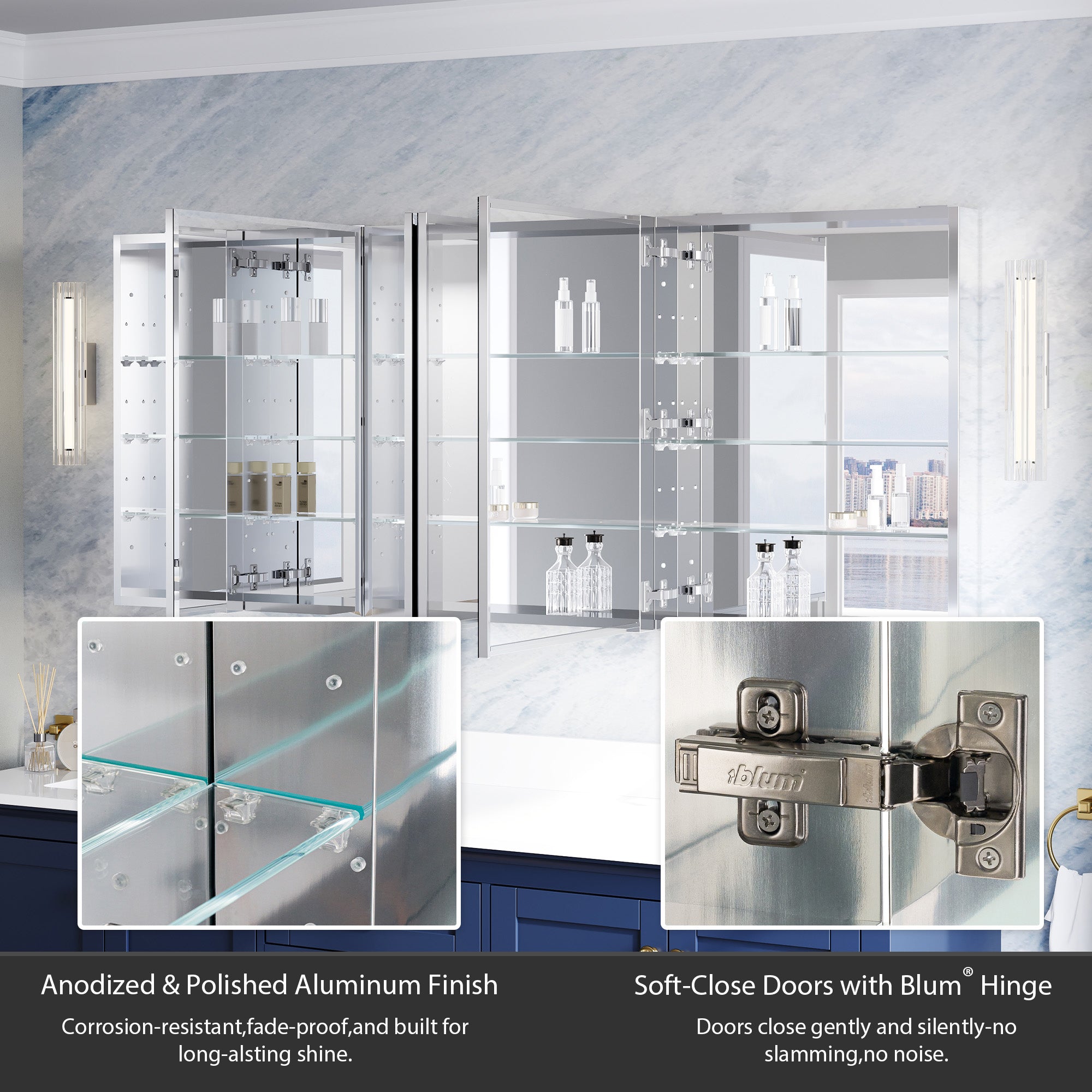 72 in.×30 in.H Aluminum Copper-Free Mirror Medicine Cabinet with Beveled Mirror Door, Recessed or Surface Mount, 12 Adjustable Shelves