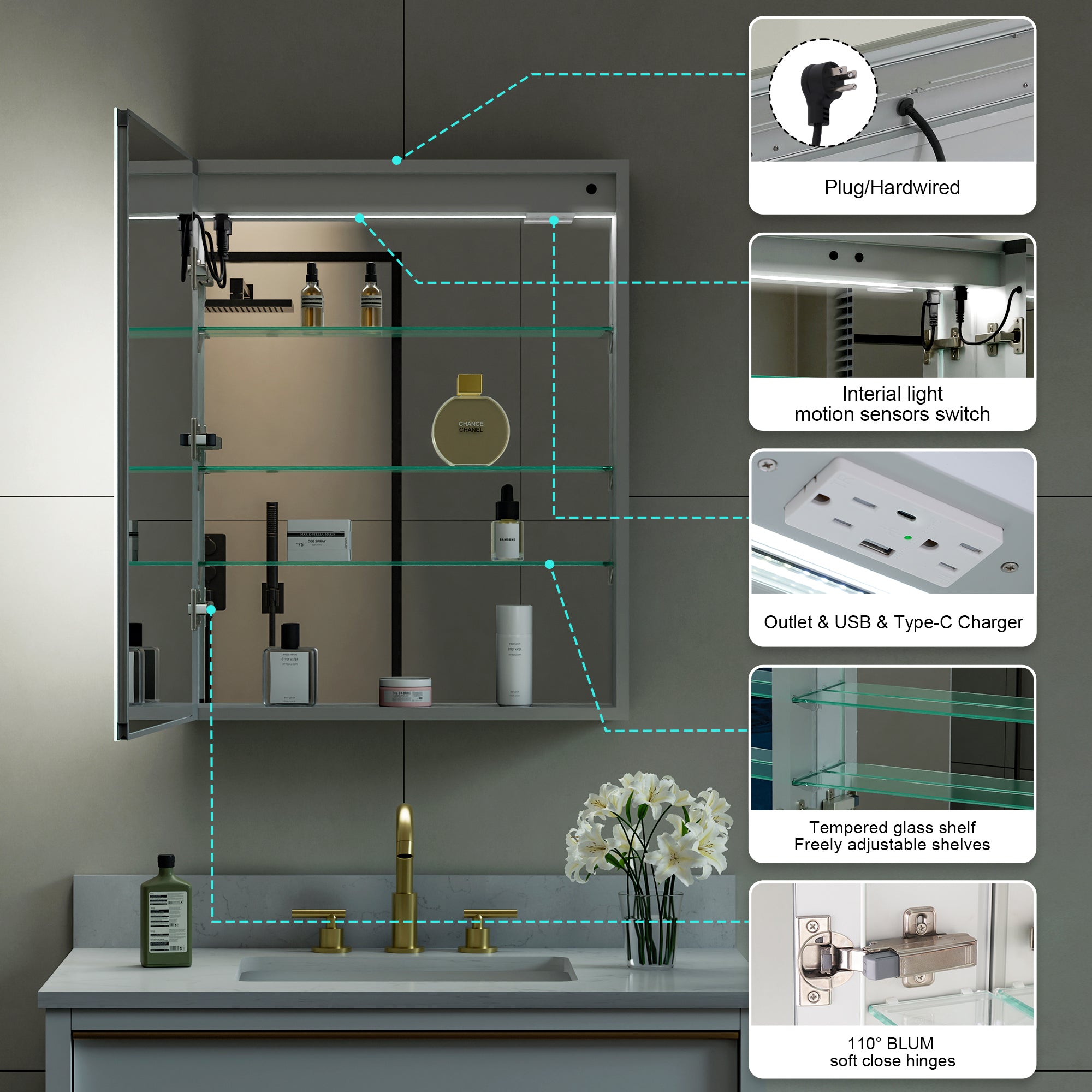 24 in. x 30 in. LED Lighted Surface/Recessed Mount Mirror Medicine Cabinet with Outlet left Side