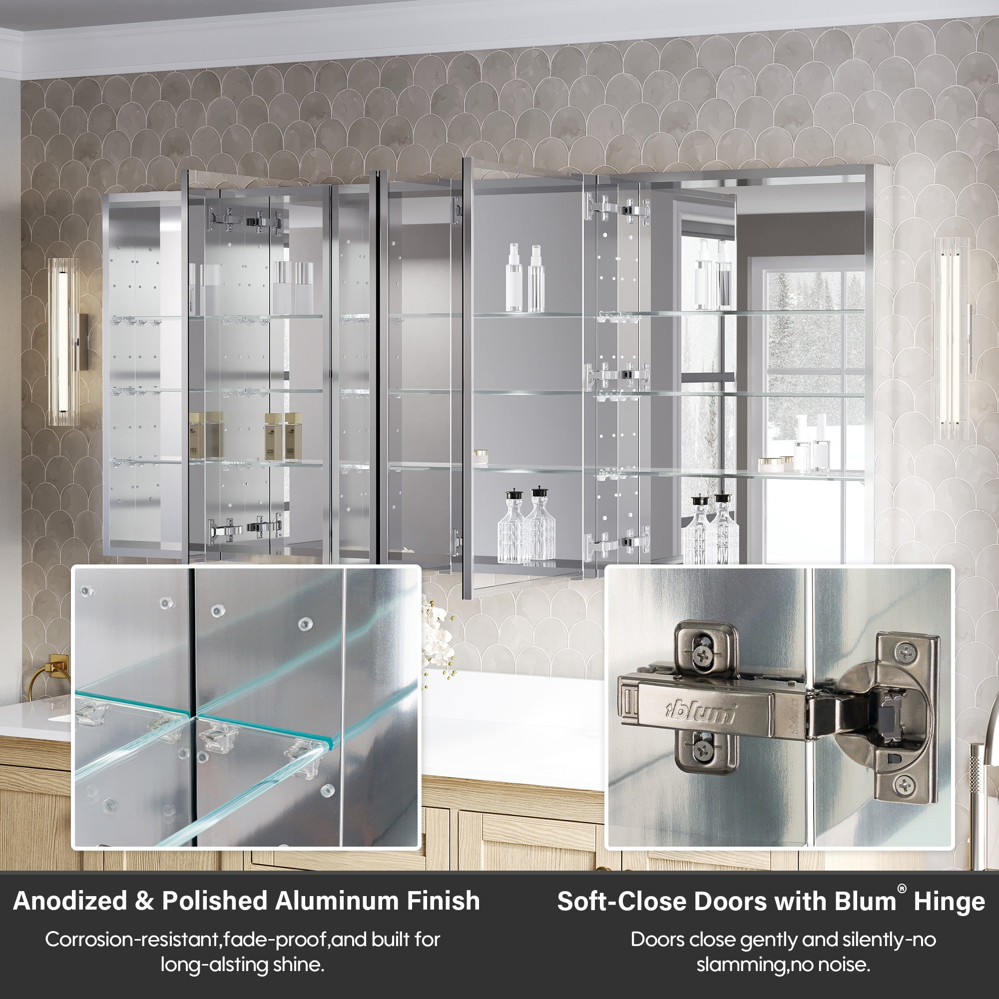 72 in.×32 in.H Copper-Free Mirror Medicine Cabinet with Soft-Close Blum® Hinges and Recessed/Surface Mount