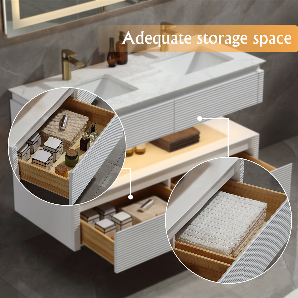 48" Floating Bathroom Vanity Set in White with Lights and White Marble Countertop with Double Basin