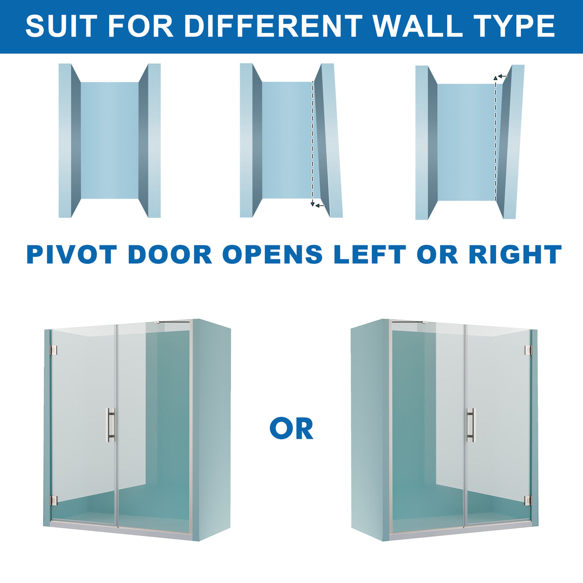 59–60 in. W x 72 in. H Frameless Hinged Shower Door with 3/8" Clear Tempered Glass and Fixed Glass Panel, Includes Support Bar