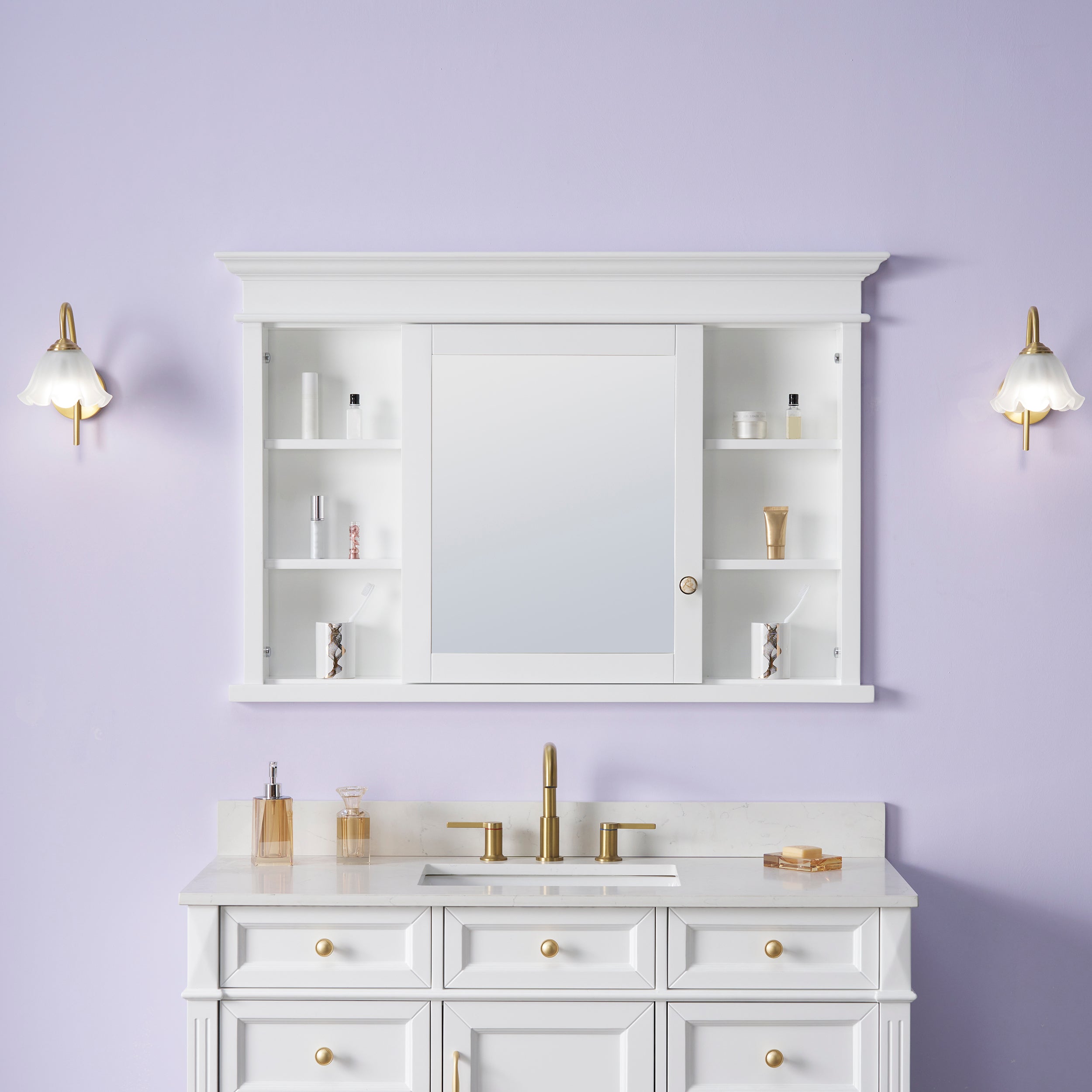 48 in.W x 32 in.H Recessed Solid Wood Bathroom Medicine Cabinet with Mirror in White