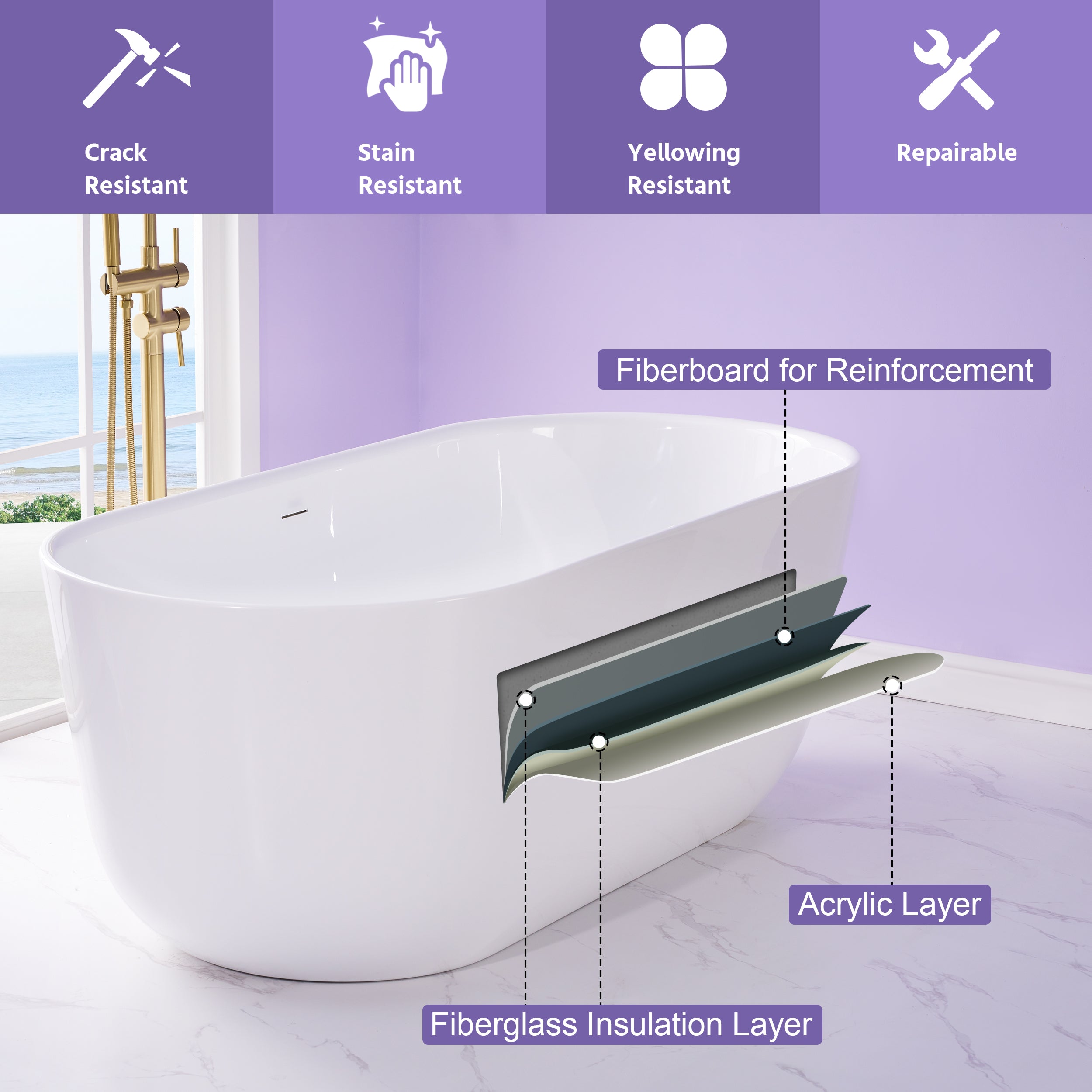 67" Freestanding Glossy White Acrylic Bathtub with Integrated Overflow and Chrome Drain