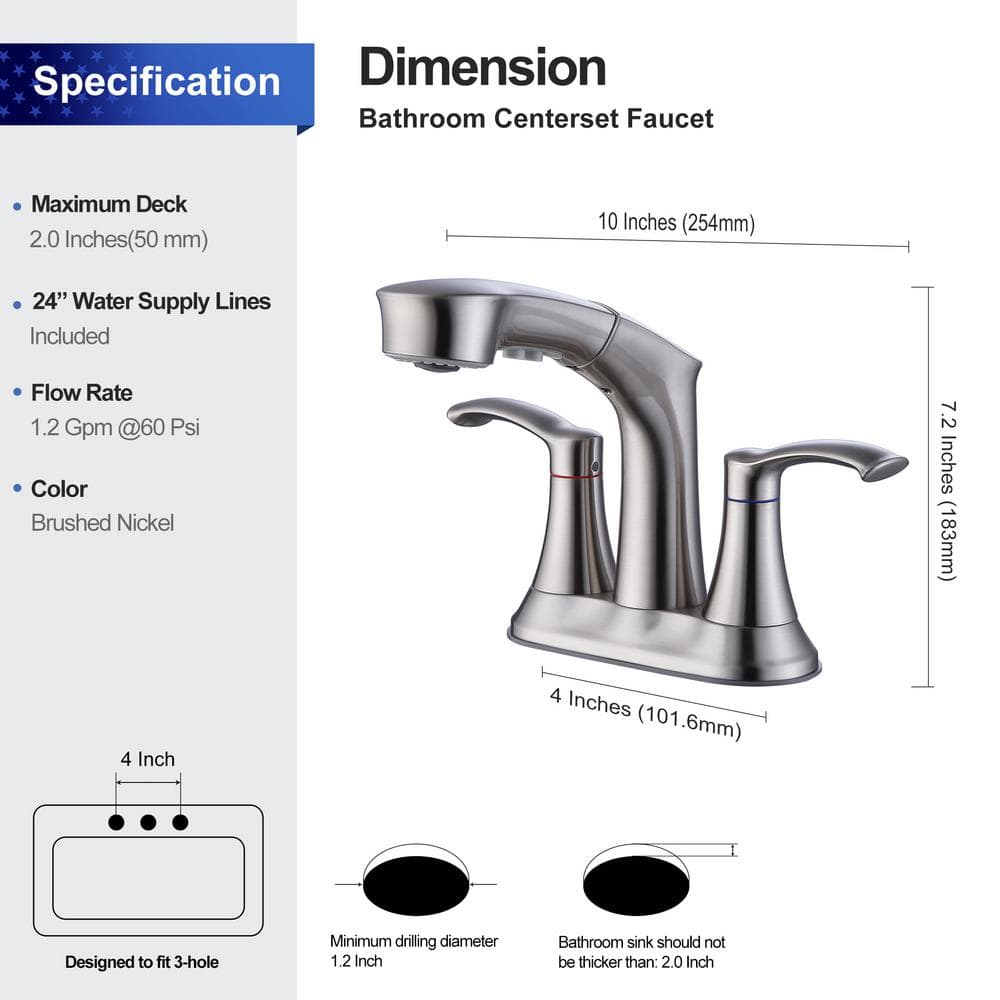 Centerset Double Middle Arc Bathroom Faucet with Pull Out Sprayer, Supply Line included