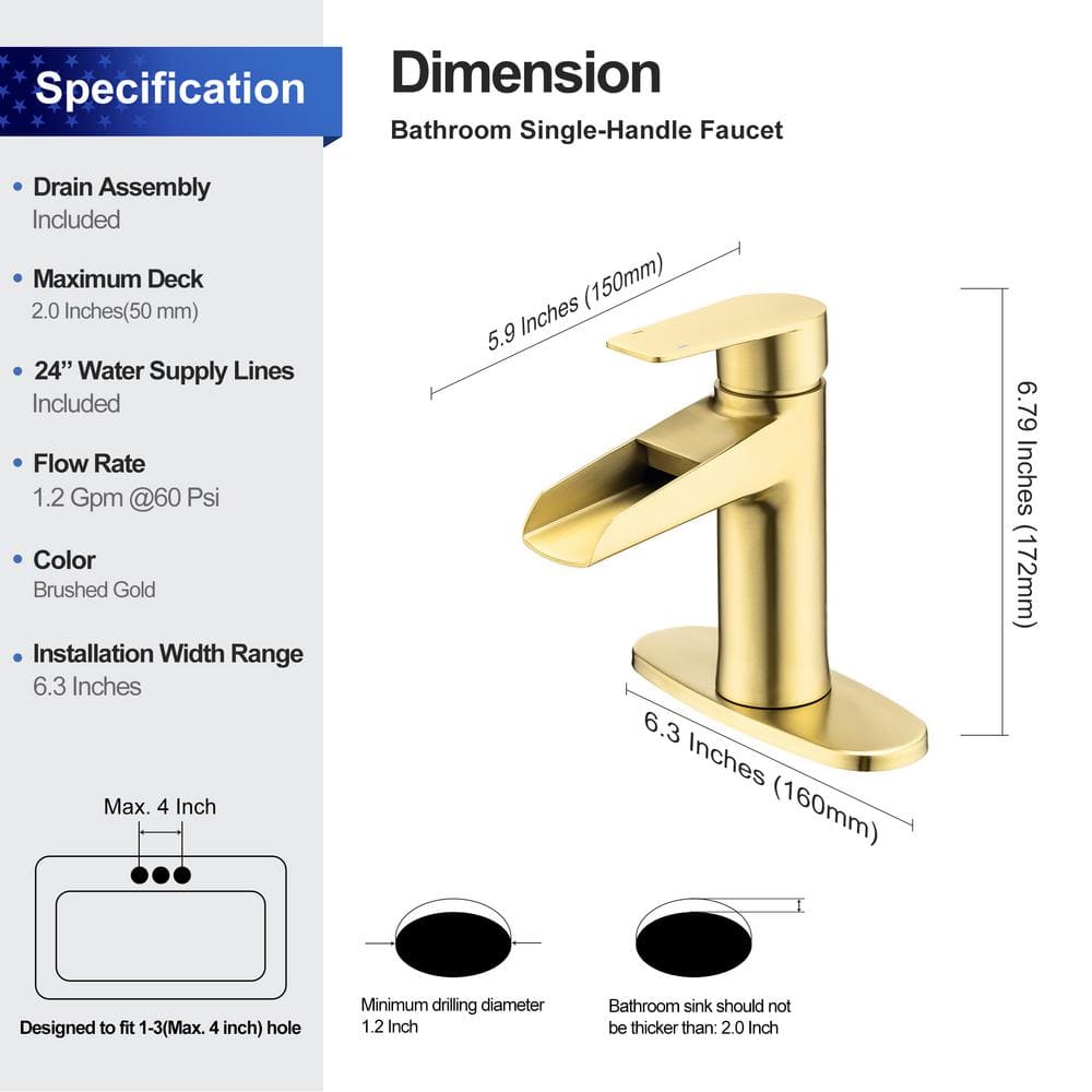 Single Handle Waterfall Spout Single Hole Bathroom Faucet with Deckplate and Drain Kit Included