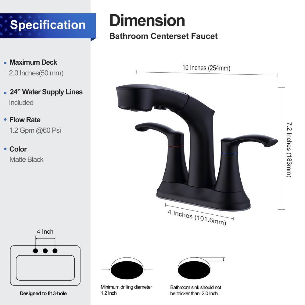Centerset Double Middle Arc Bathroom Faucet with Pull Out Sprayer, Supply Line included