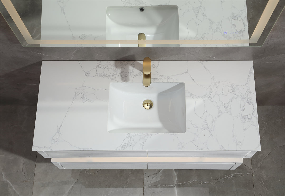 48" Floating Bathroom Vanity Set in White with LED Light and White Engineered Marble Top with Single Basins