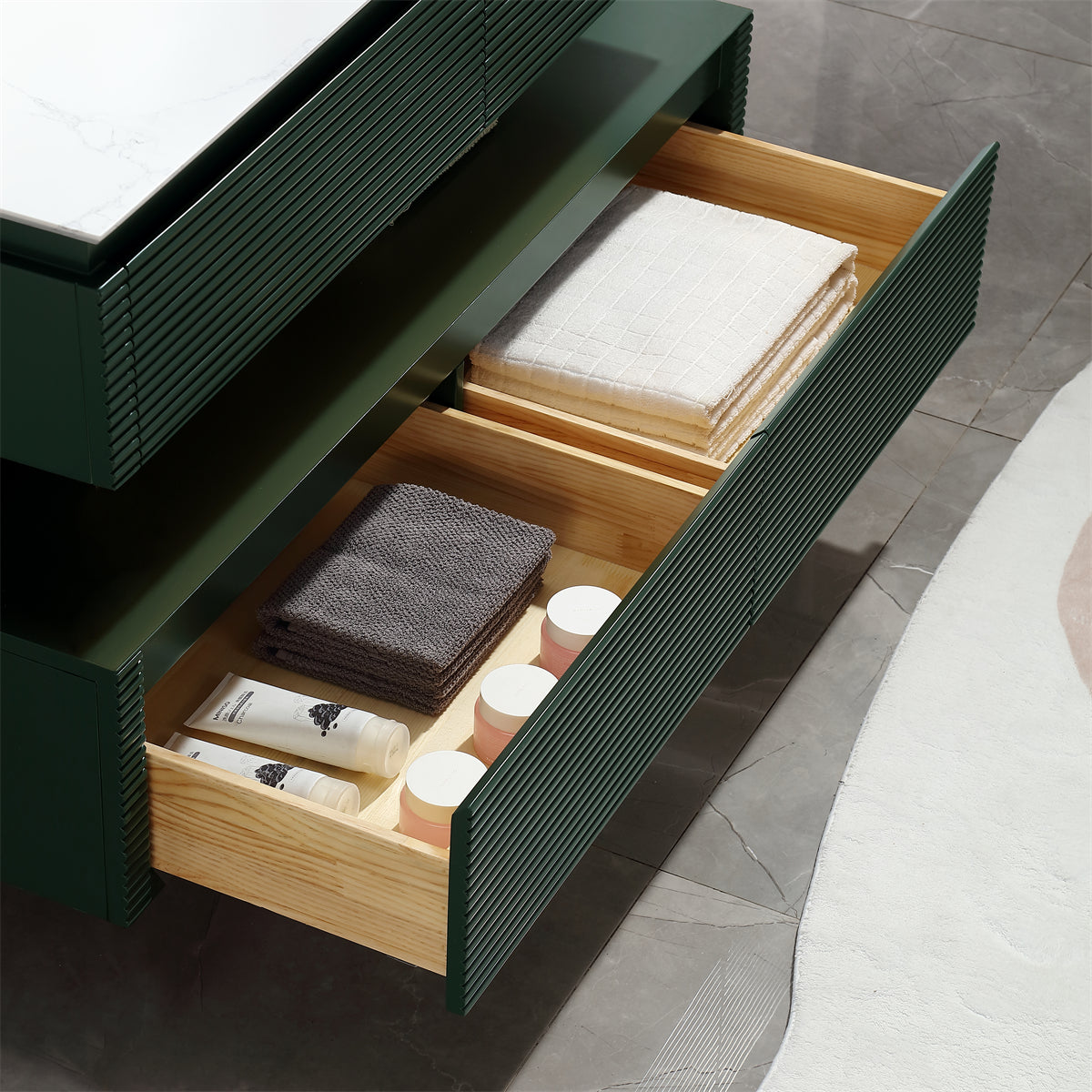 48" Floating Bathroom Vanity Set in Green with Lights and White Marble Countertop