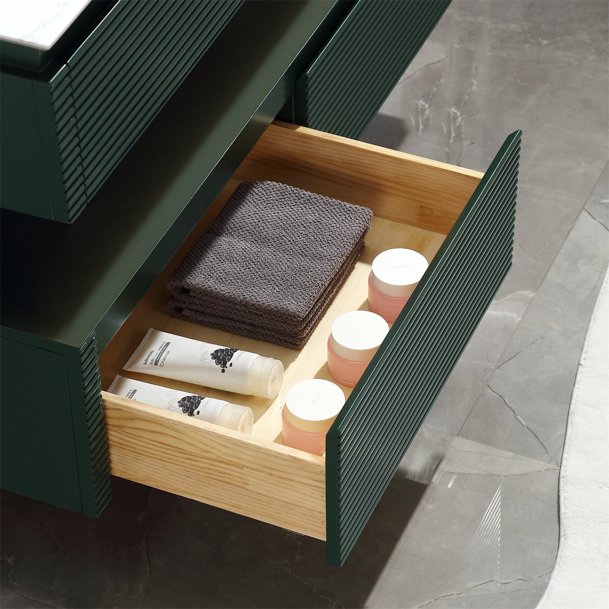 48" Floating Bathroom Vanity Set in Green with Lights and White Marble Countertop