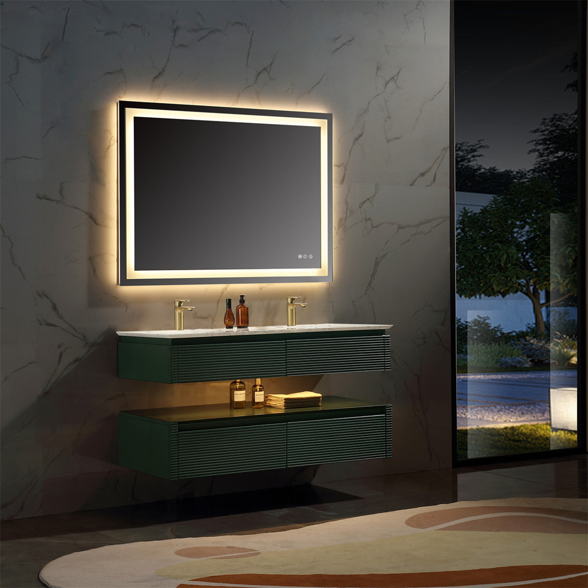 48" Floating Bathroom Vanity Set in Green with LED Light and White Engineered Marble Top with Double Basins