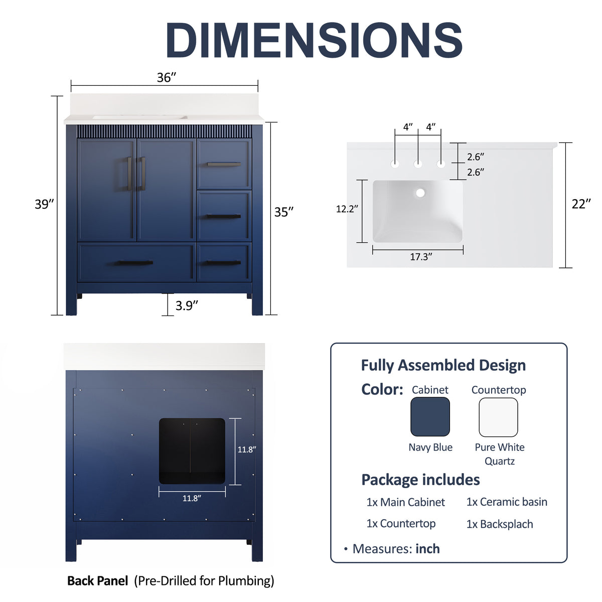 36 Inch Freestanding Solid Wood Bathroom Vanity with Fluted Molding, Pure White Quartz Countertop, Navy Blue