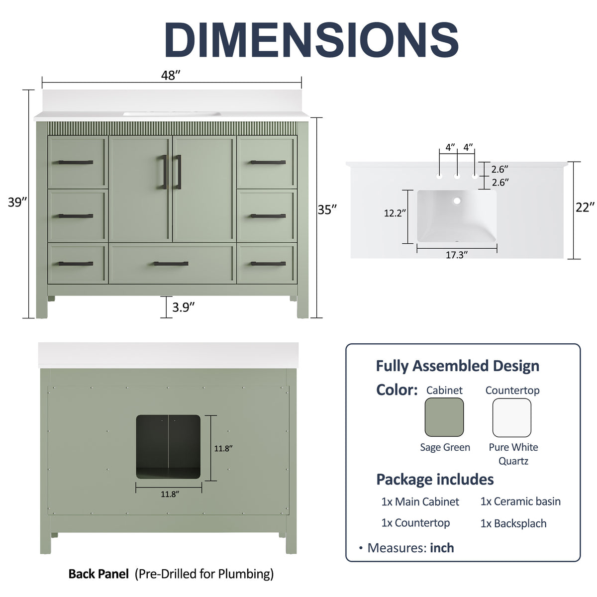 48 Inch Freestanding Solid Wood Bathroom Vanity with Fluted Molding, Pure White Quartz Countertop, SAGE GREEN