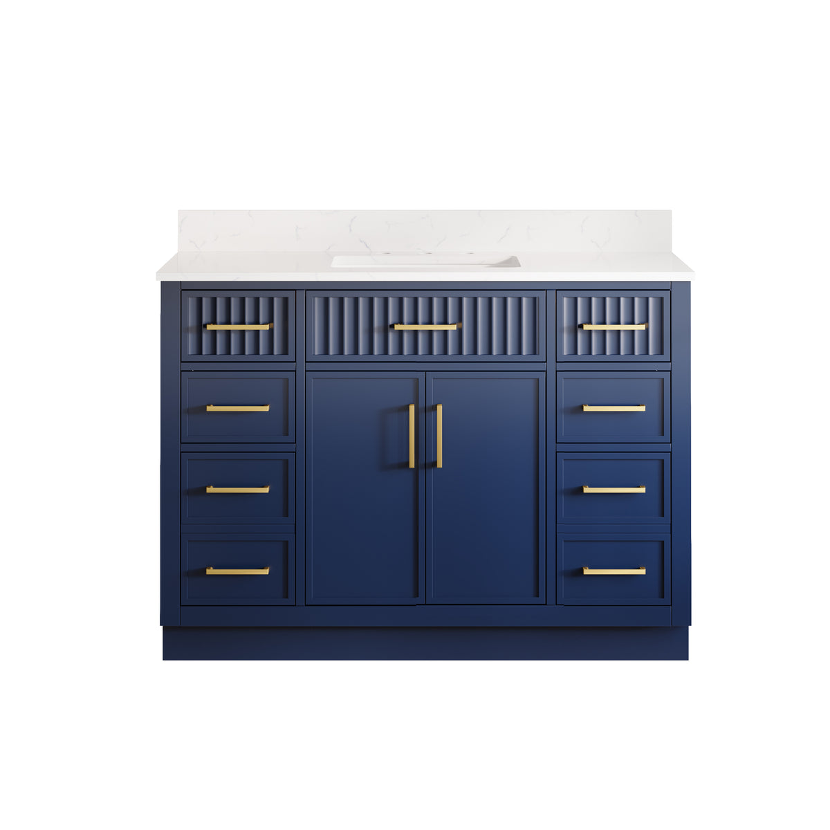 48 Inch Solid Wood and Plywood Bathroom Vanity with Carrara White Quartz Top, 2 Soft-Close Doors & 7 Drawers, Navy Blue