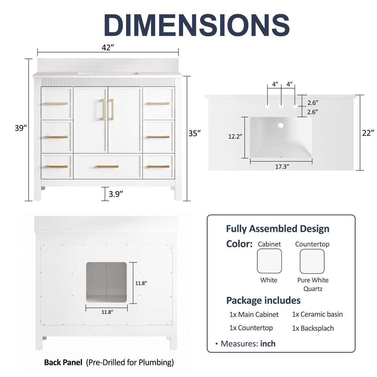 42 Inch Freestanding Solid Wood Bathroom Vanity with Fluted Molding, Pure White Quartz Countertop, White