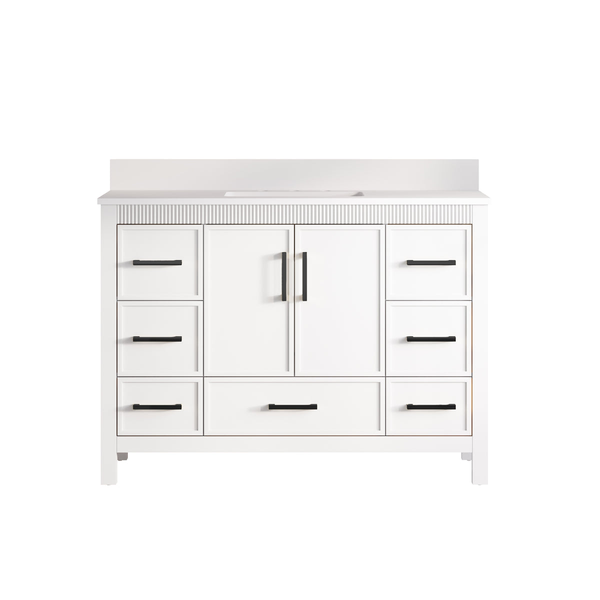48 Inch Freestanding Solid Wood Bathroom Vanity with Fluted Molding, Pure White Quartz Countertop, White