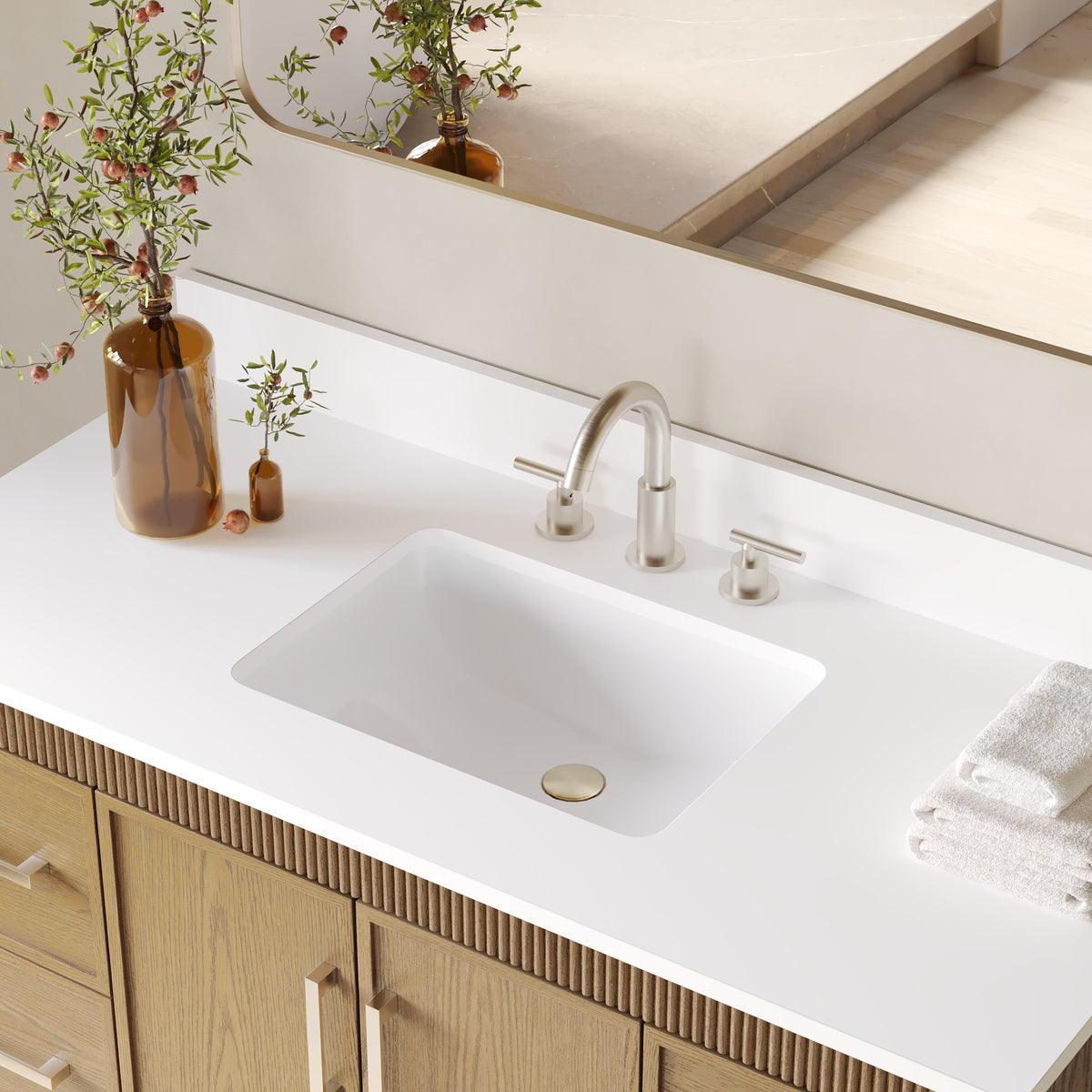 48 Inch Freestanding Solid Wood Bathroom Vanity with Fluted Molding, Pure White Quartz Countertop, Walnut