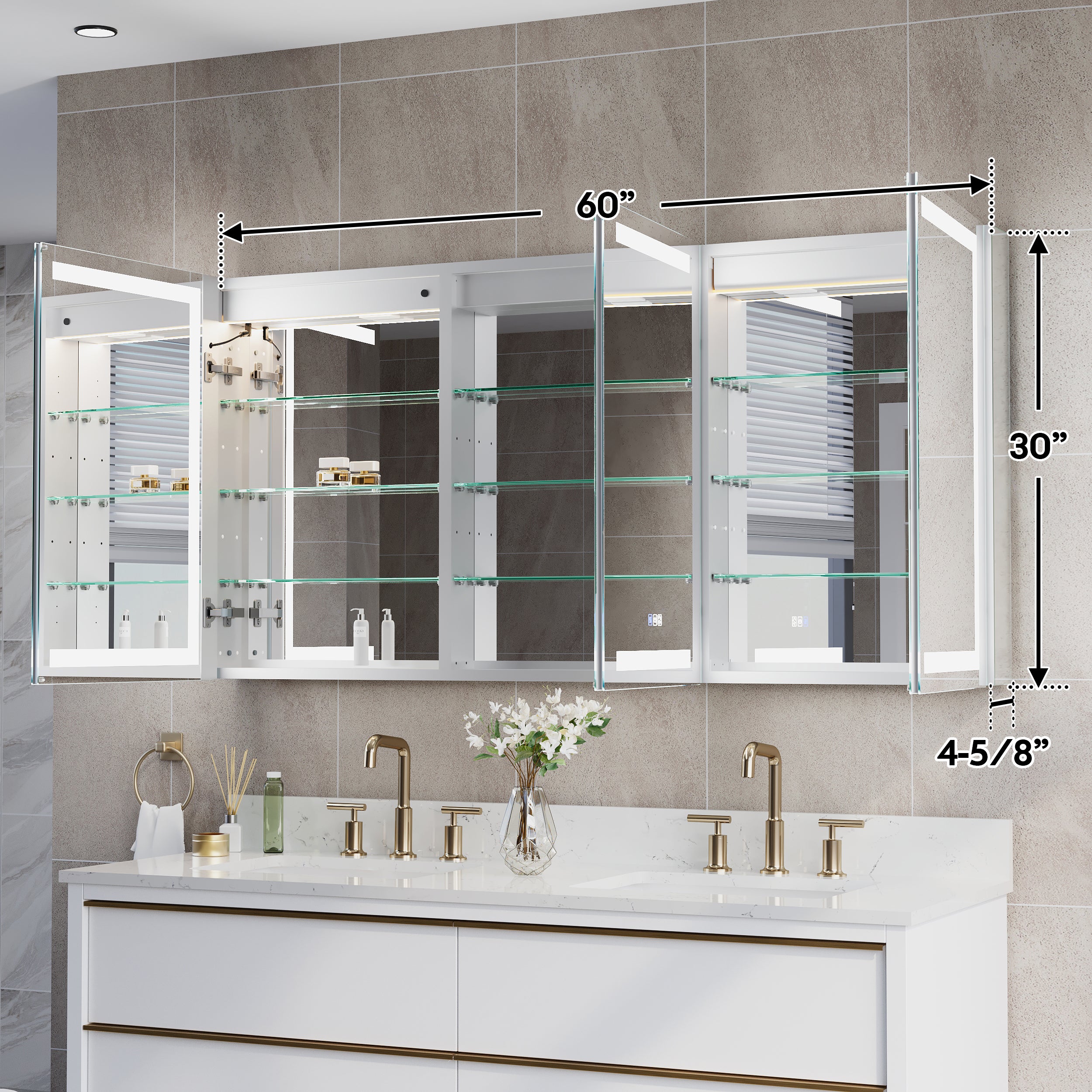 60 in. x 30 in. LED Lighted Aluminum Bathroom Medicine Cabinet with Anti-Fog, Dimmable Lighting, Outlet, Surface or Recessed Mount