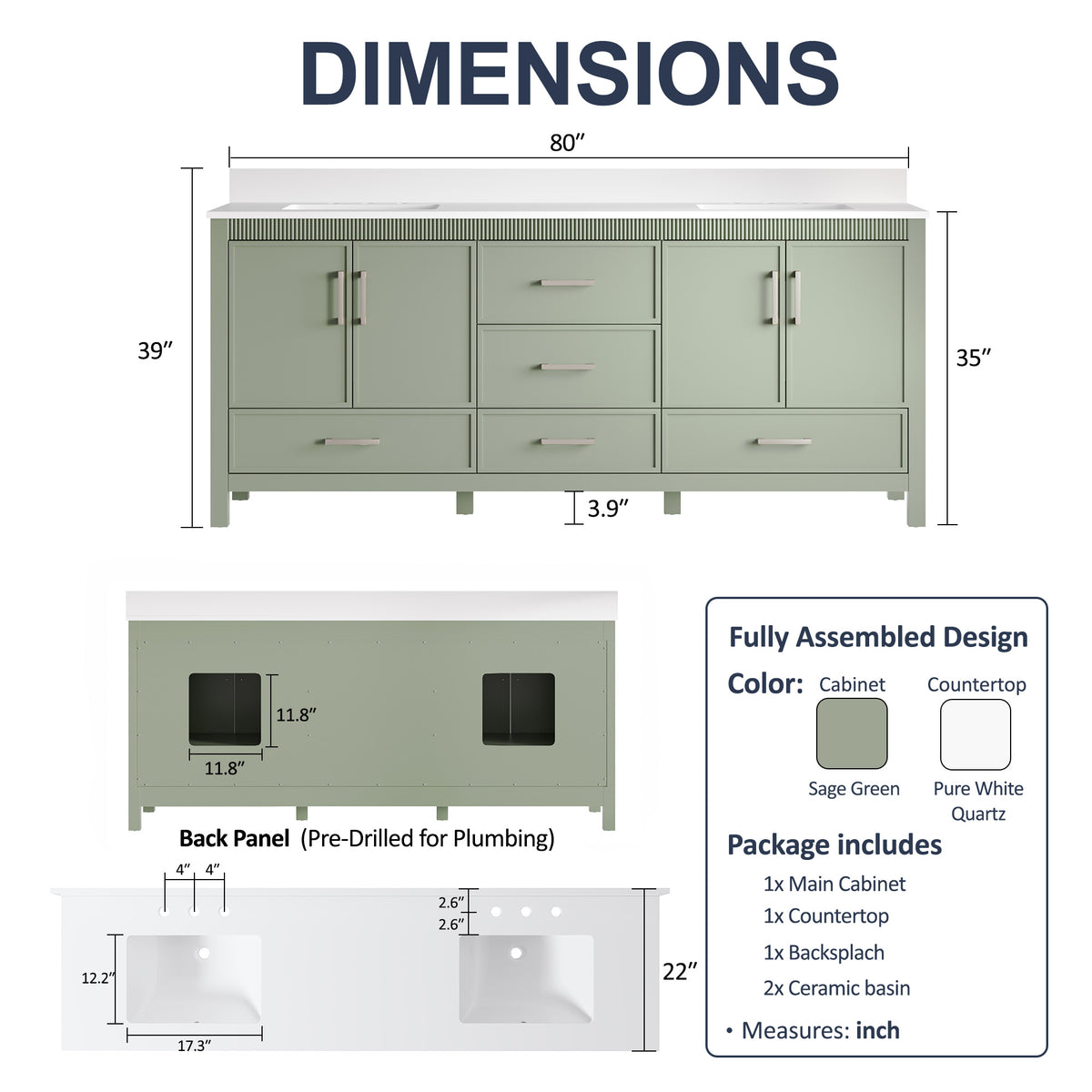 80 Inch Freestanding Solid Wood Bathroom Vanity with Pure White Quartz Countertop, 4 Soft-Close Doors & 5 Dovetail Drawers, SAGE GREEN