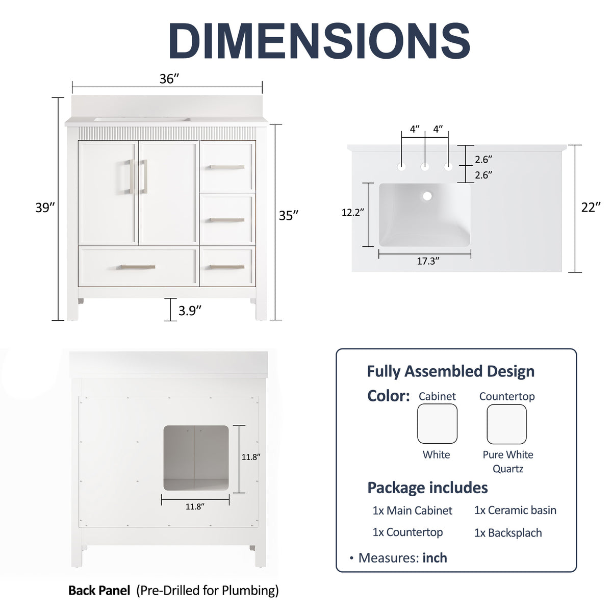 36 Inch Freestanding Solid Wood Bathroom Vanity with Fluted Molding, Pure White Quartz Countertop, White