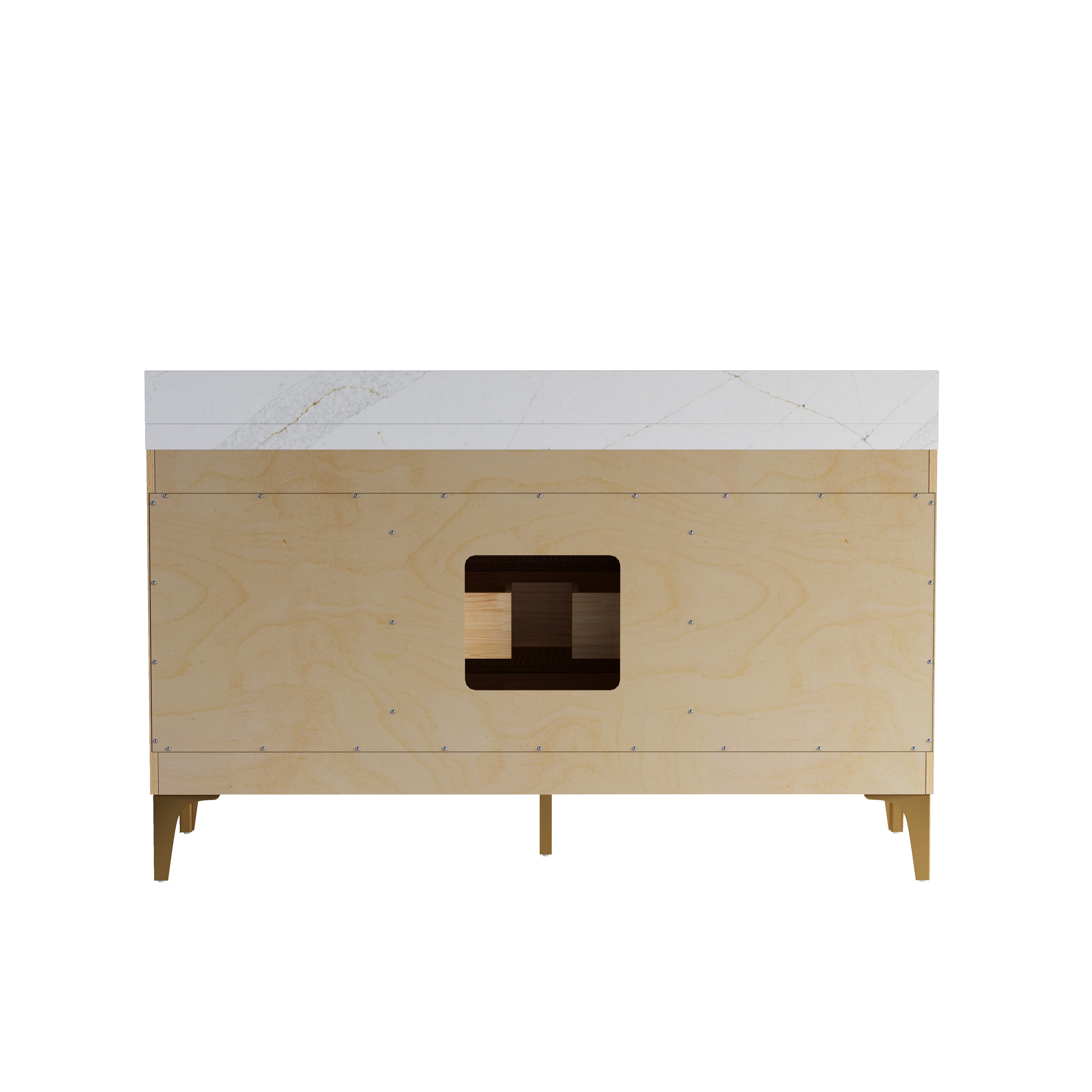 60 Inch Modern Solid Oak Bathroom Vanity with Calacatta Quartz Countertop, 9 Fluted Drawers & Brushed Gold Legs