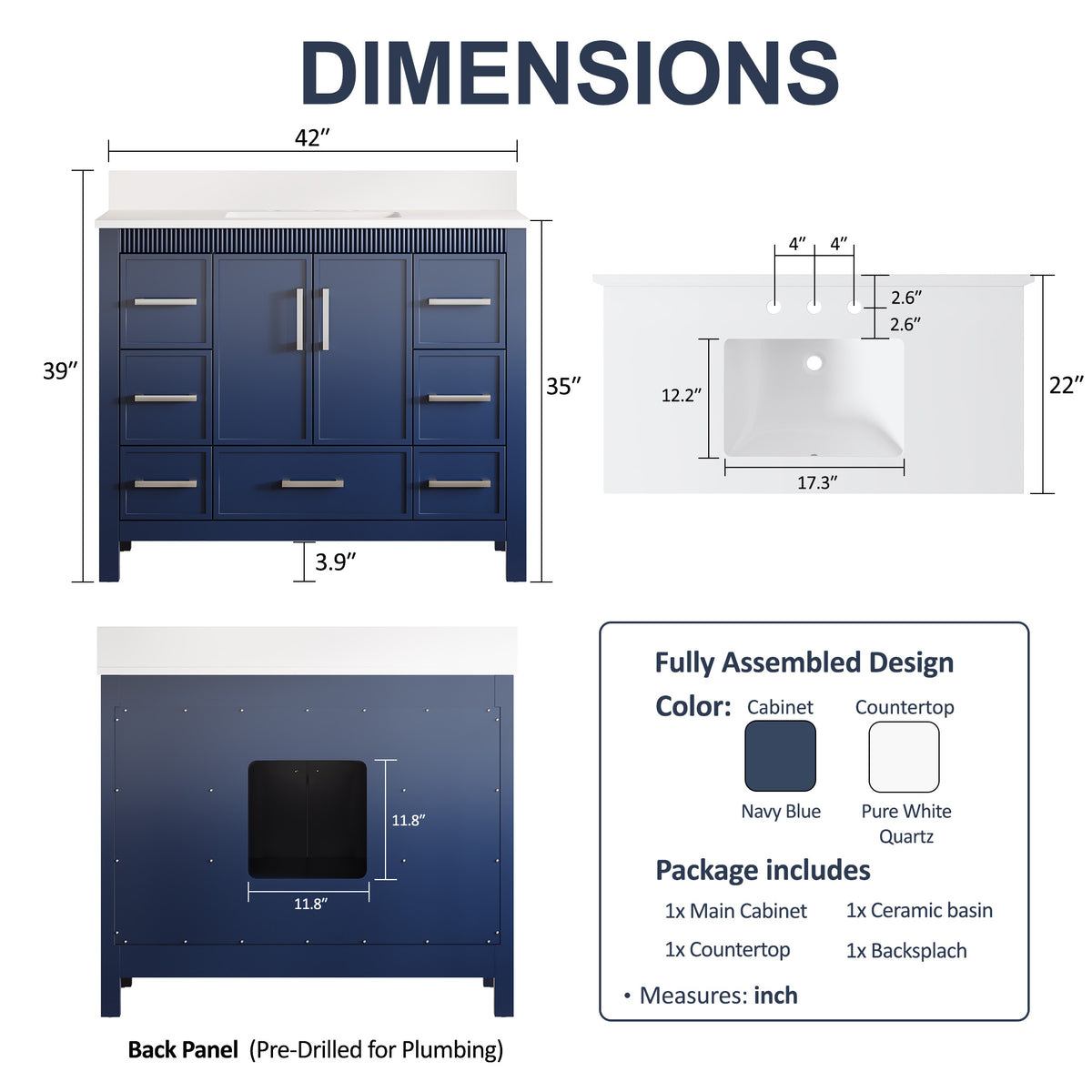 42 Inch Freestanding Solid Wood Bathroom Vanity with Fluted Molding, Pure White Quartz Countertop, Navy Blue