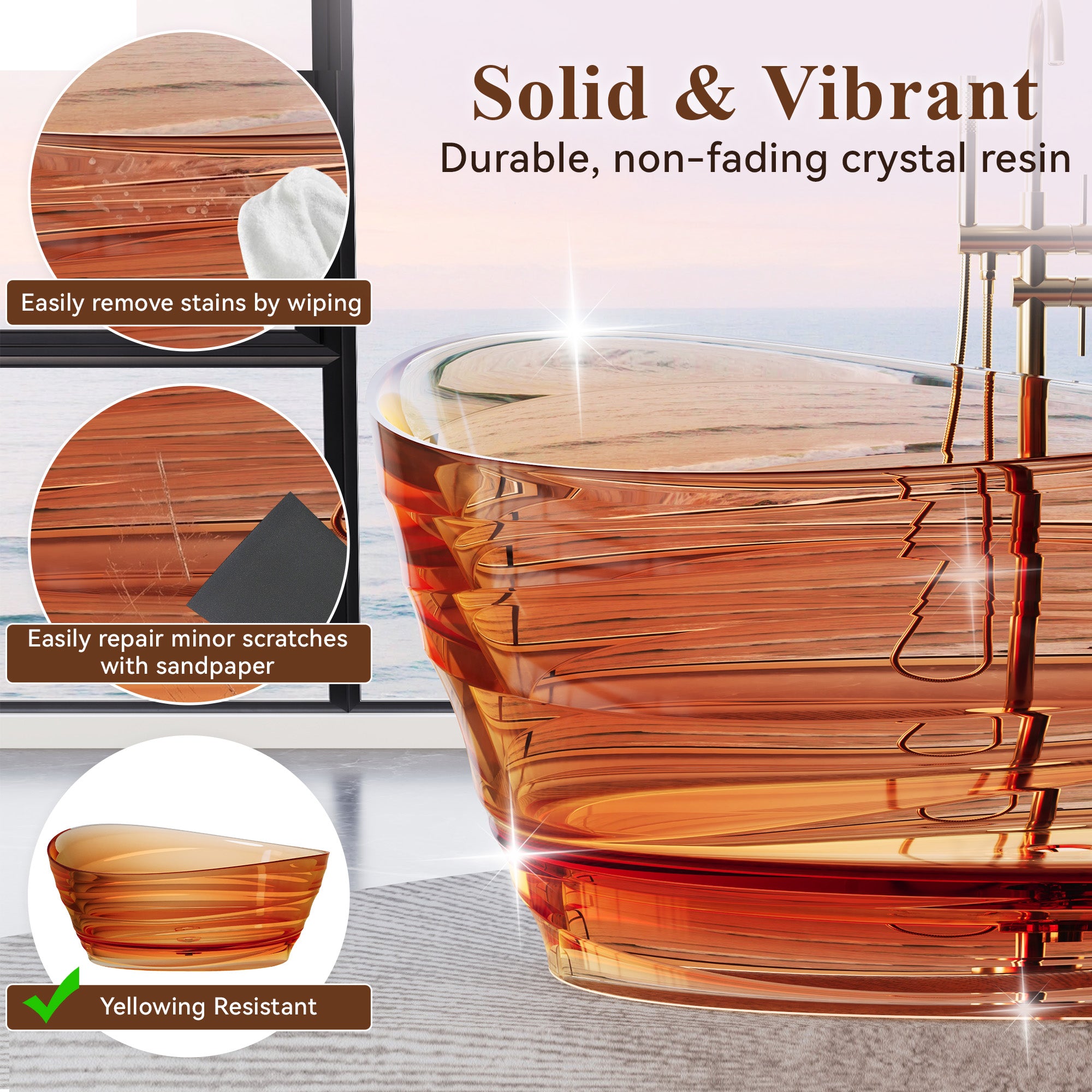 62" Pure Resin Transparent Freestanding Bathtub with Drain, Transparent Champagne