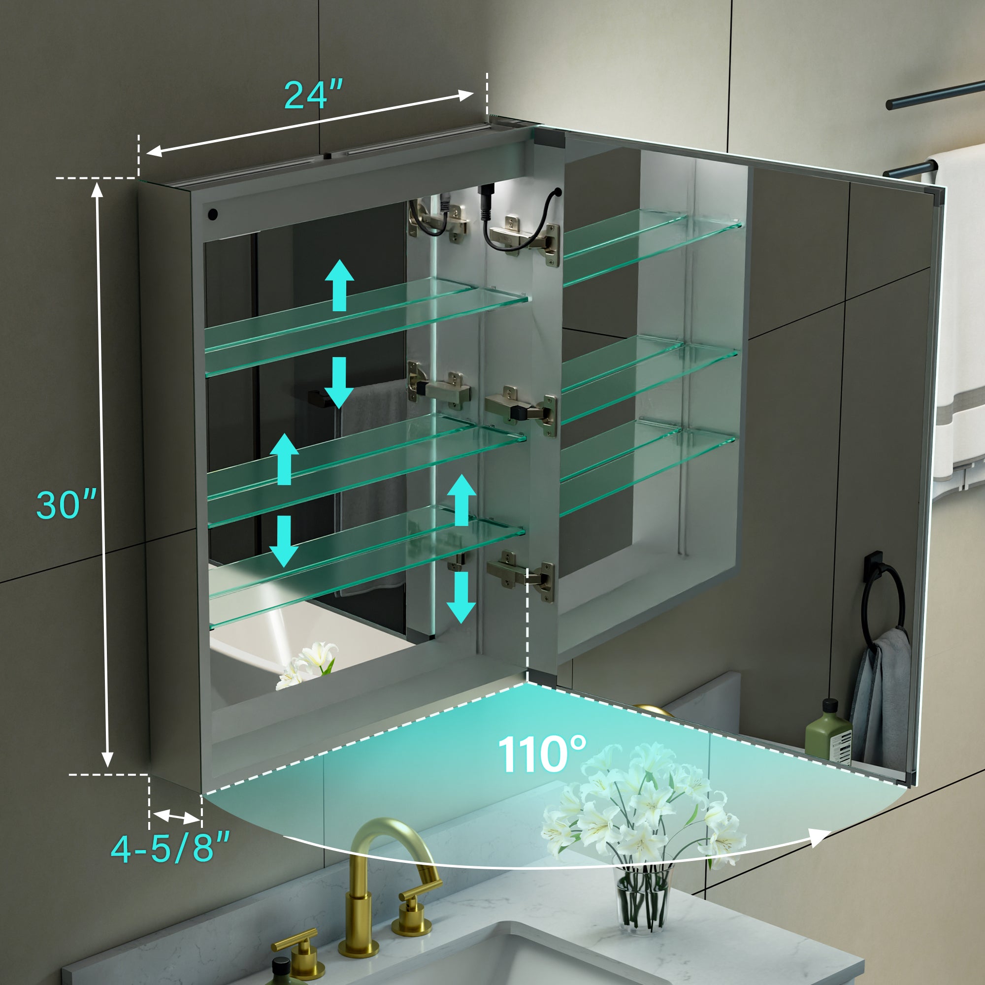 24 in. x 30 in. LED Lighted Surface/Recessed Mount Mirror Medicine Cabinet with Outlet Right Side