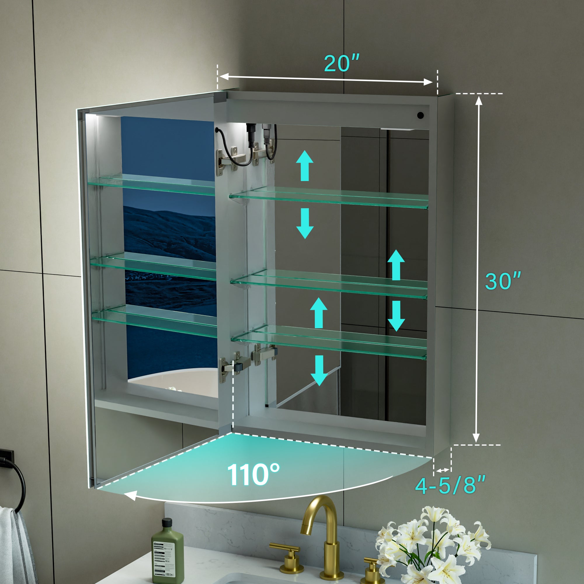 20 in.x 30 in. LED Lighted Surface/Recessed Mount Mirror Medicine Cabinet with Outlet Left Side