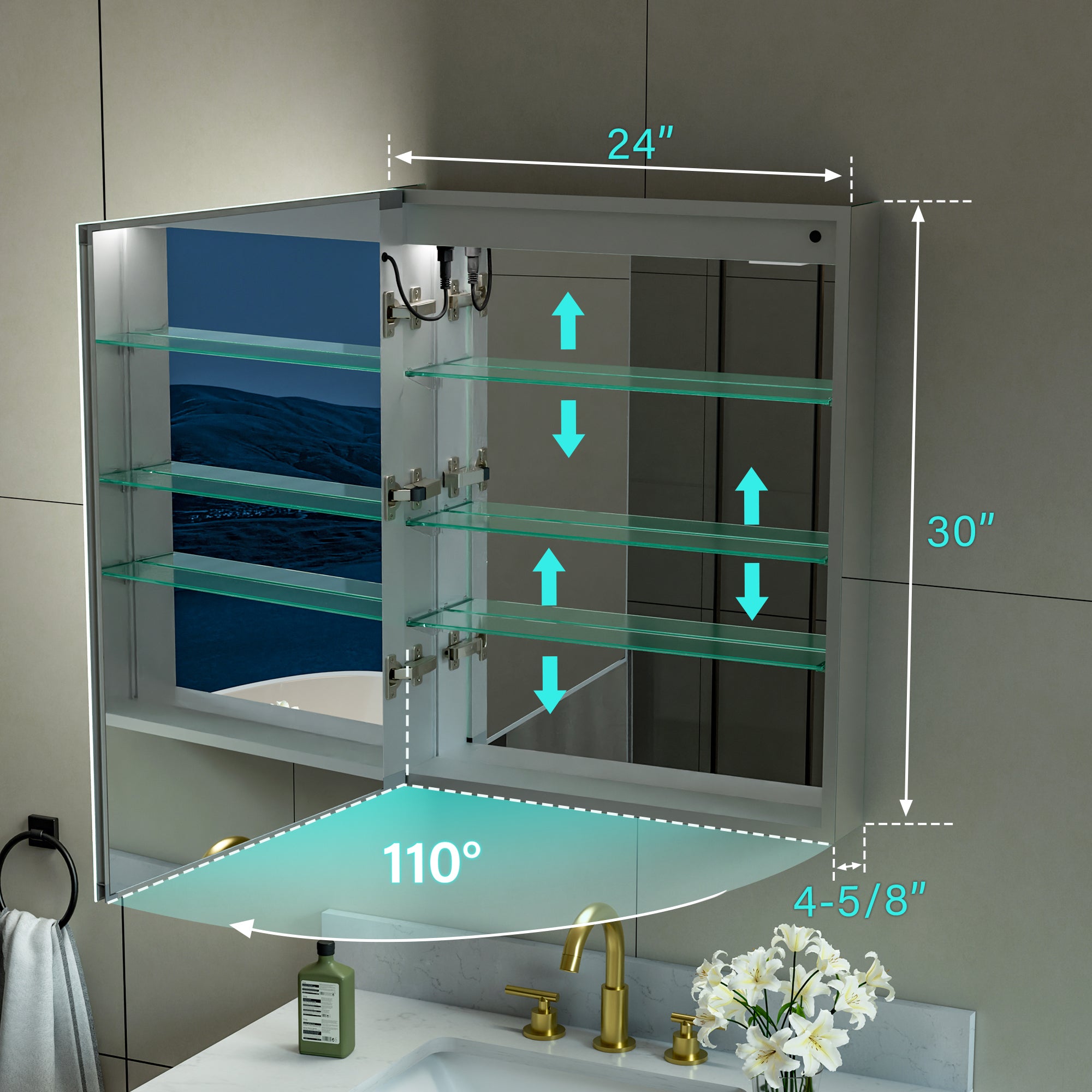 24 in. x 30 in. LED Lighted Surface/Recessed Mount Mirror Medicine Cabinet with Outlet left Side