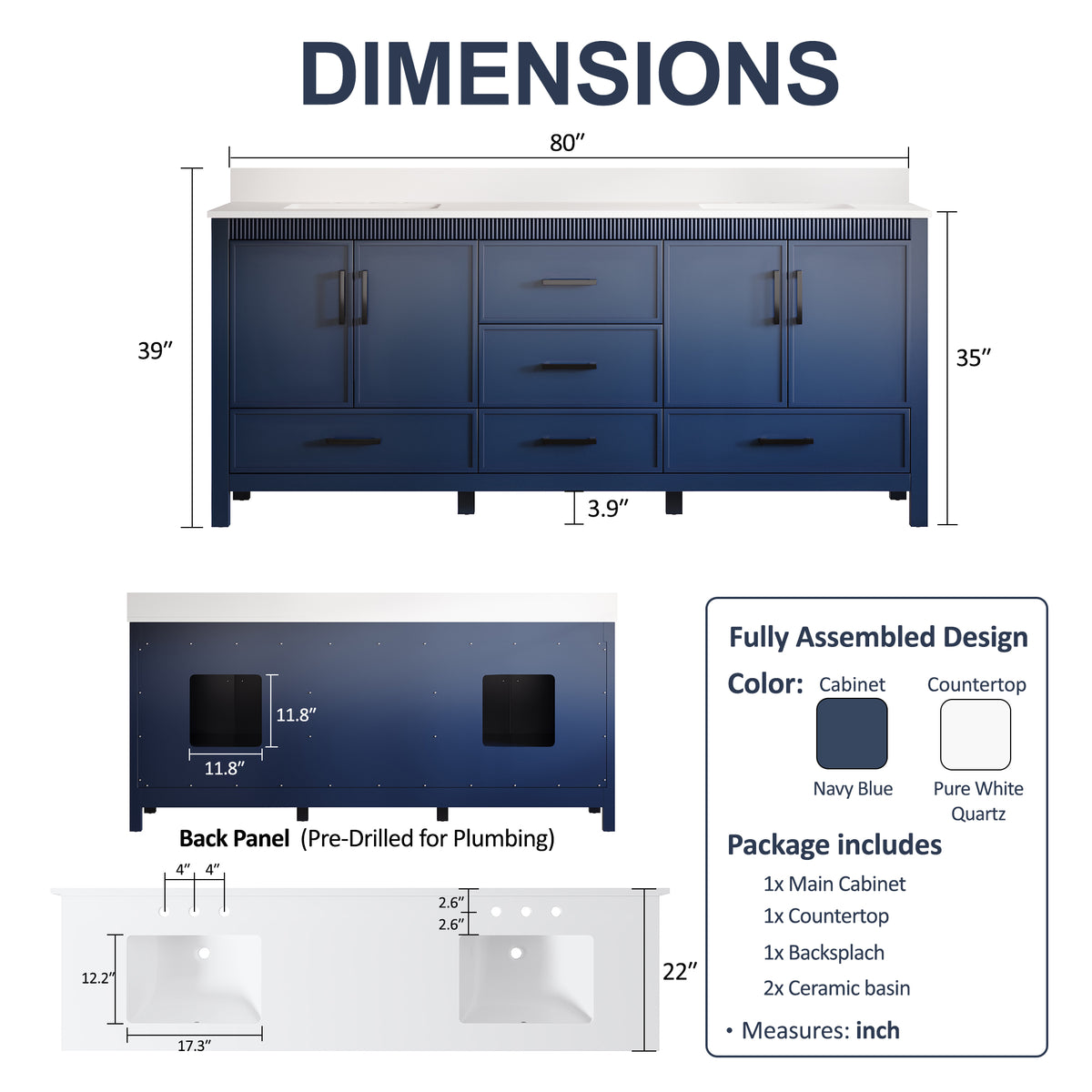 80 Inch Freestanding Solid Wood Bathroom Vanity with Pure White Quartz Countertop, 4 Soft-Close Doors & 5 Dovetail Drawers, Navy Blue