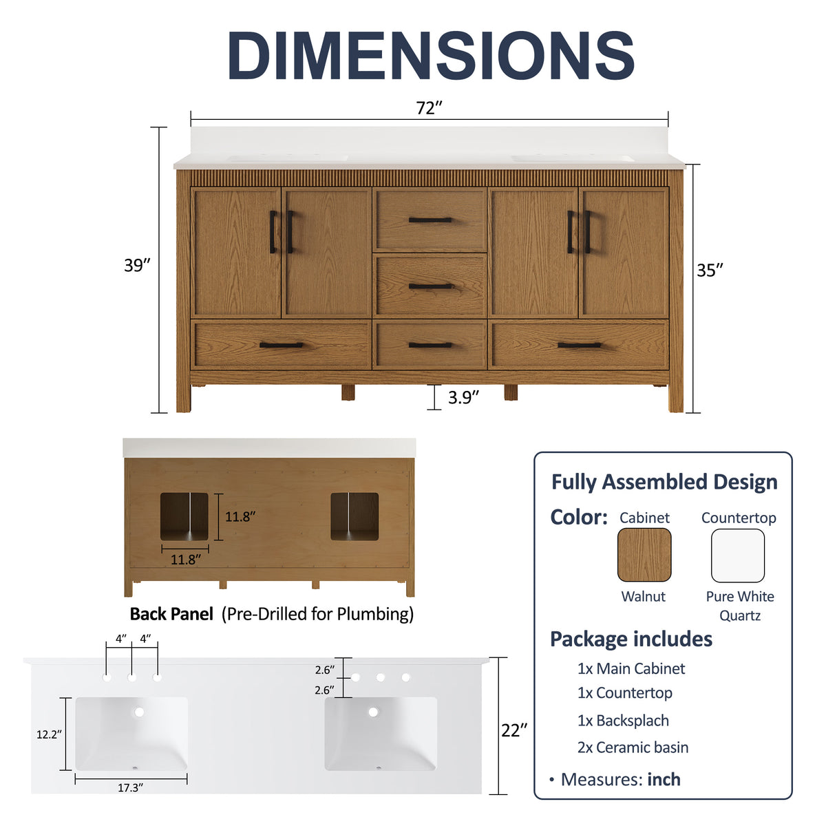 72 Inch Freestanding Solid Wood Bathroom Vanity with Pure White Quartz Countertop, 4 Soft-Close Doors & 5 Dovetail Drawers, Walnut