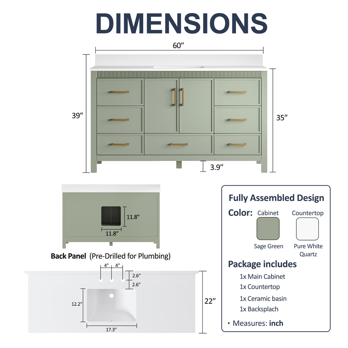 60 Inch Freestanding Solid Wood Bathroom Vanity with Pure White Quartz Countertop, 2 Soft-Close Doors & 7 Dovetail Drawers, SAGE GREEN