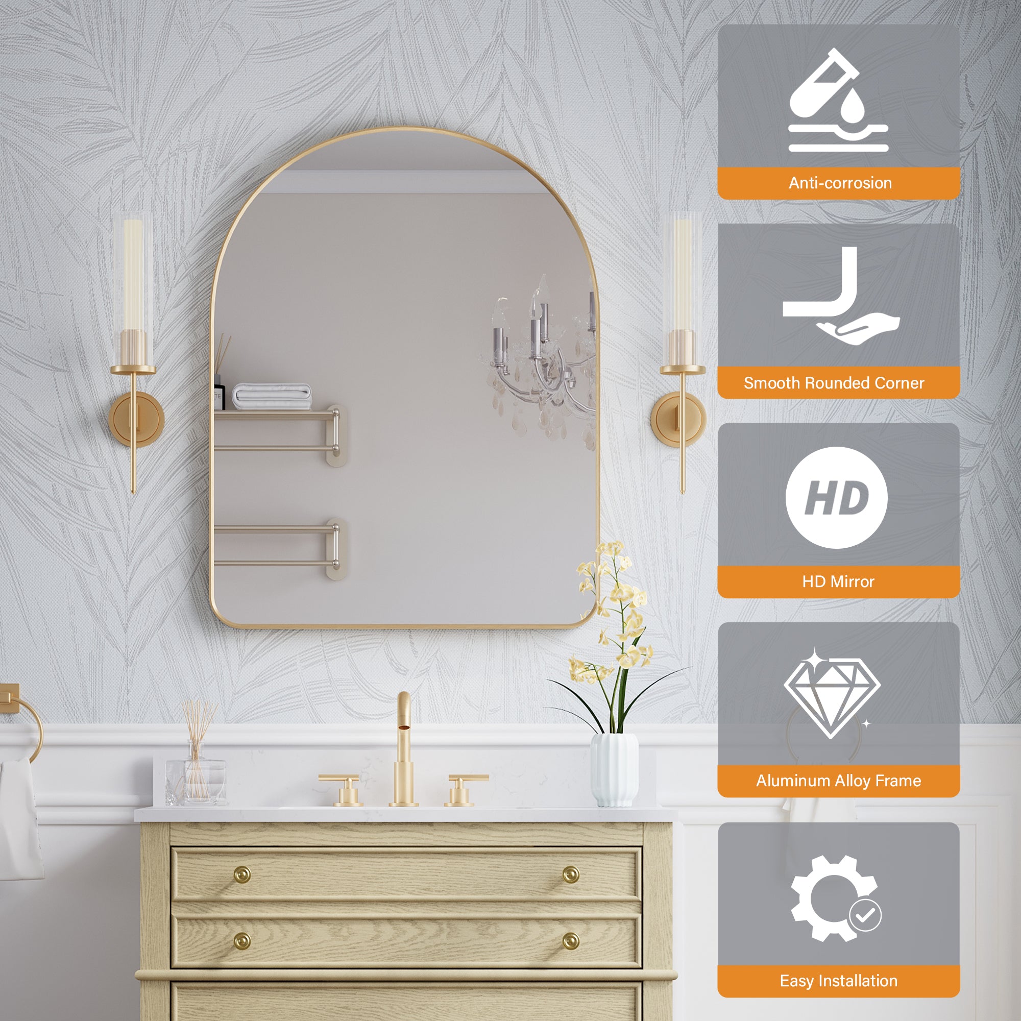 28 in. W x 36 in. H Arched Aluminum Framed Wall Bathroom Vanity Mirror in Brushed Gold