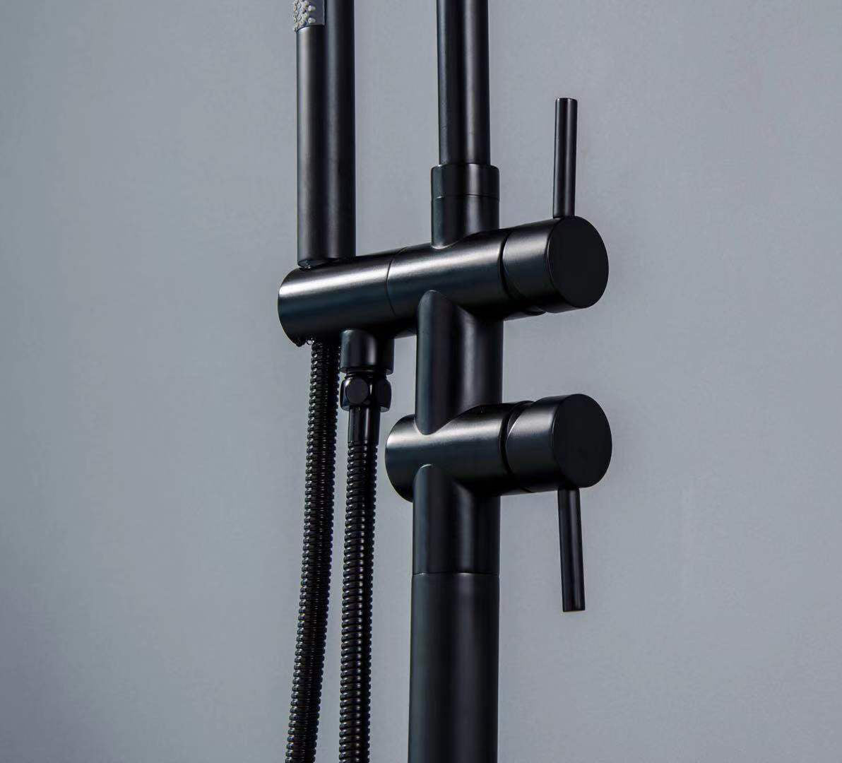 Double-Handle Floor Mount Bathroom Tub Faucets with Handheld Shower in Brushed Nickel