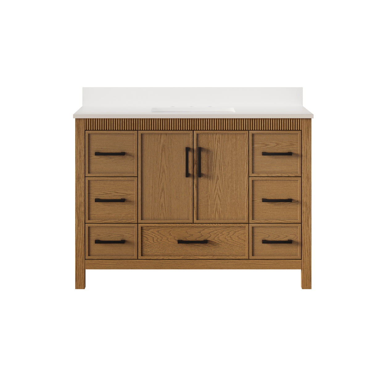 48 Inch Freestanding Solid Wood Bathroom Vanity with Fluted Molding, Pure White Quartz Countertop, Walnut